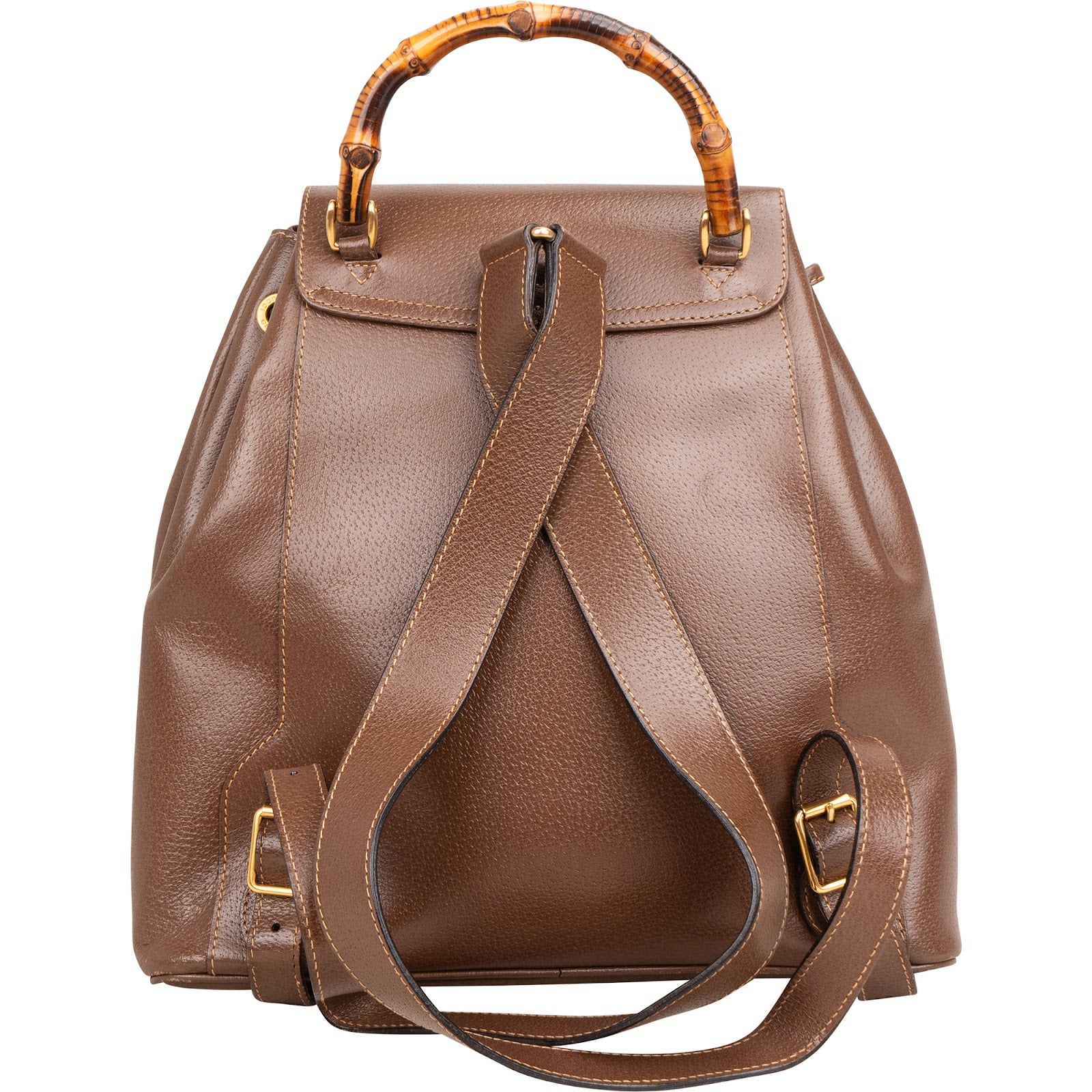 Gucci Brown Pebbled Leather Bamboo Drawstring Backpack