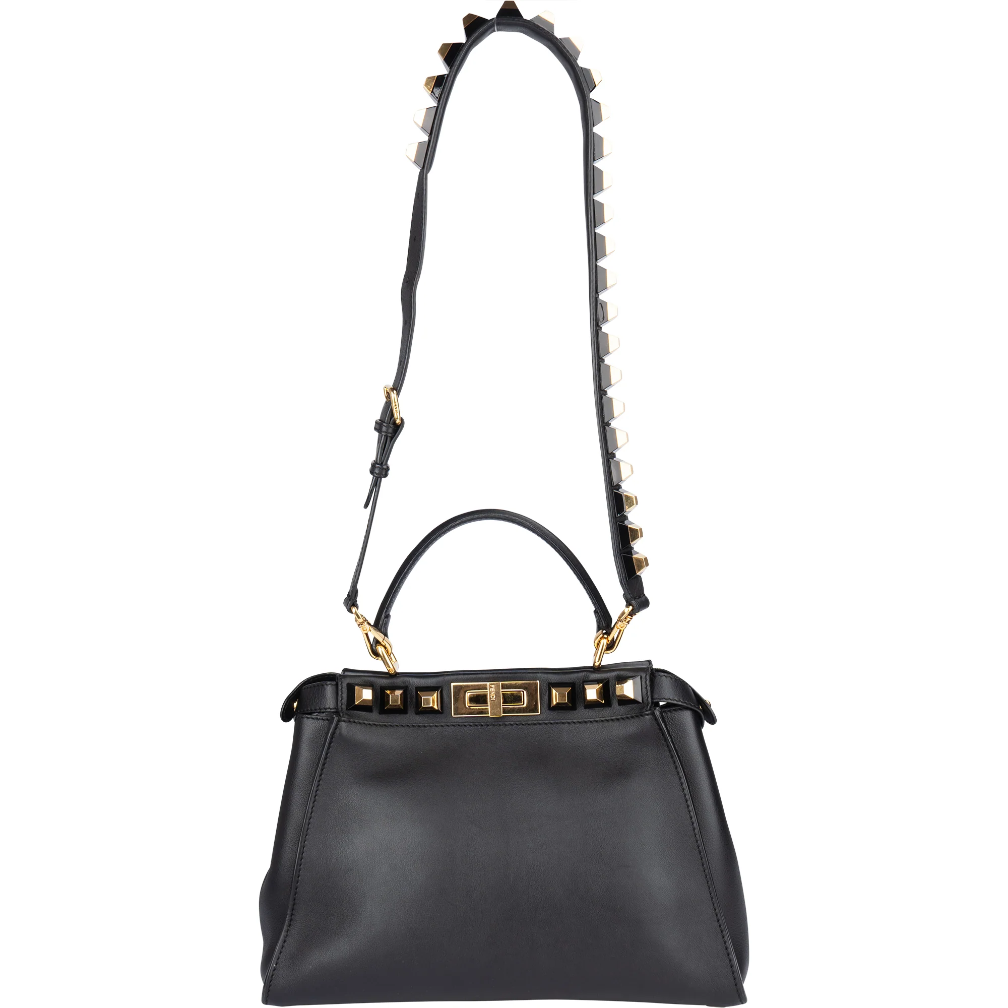 Fendi Noir Leather Gold Edition Spikes Peekaboo Handbag