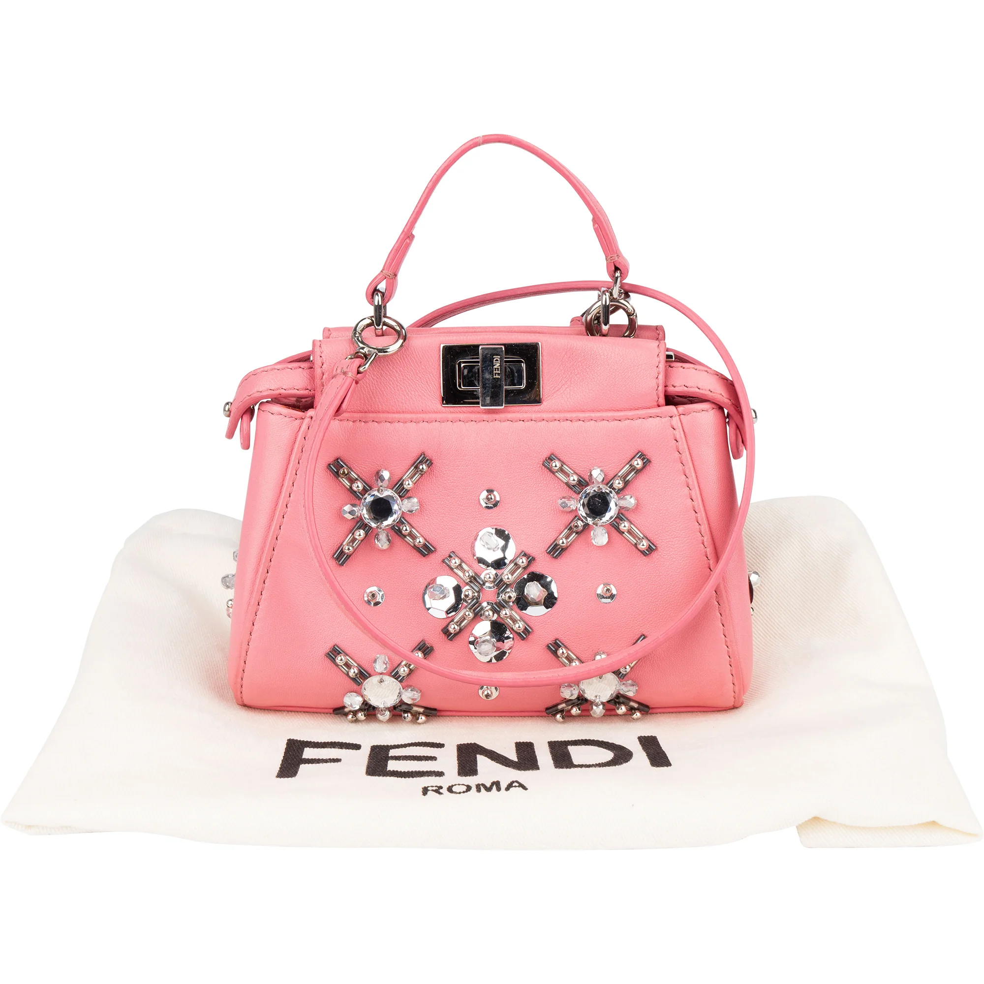 Fendi Pink Leather Crystal Micro Peekaboo Handbag