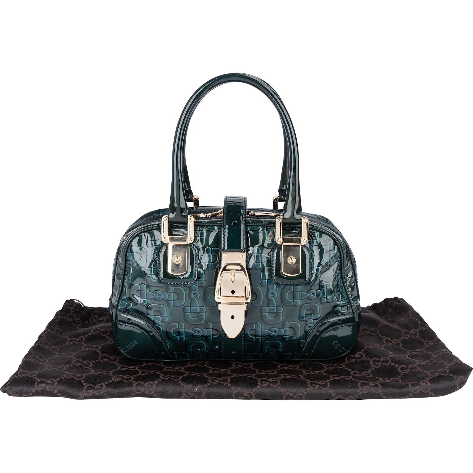 Gucci Monogram Patent Leather Horsebit Boston Bag