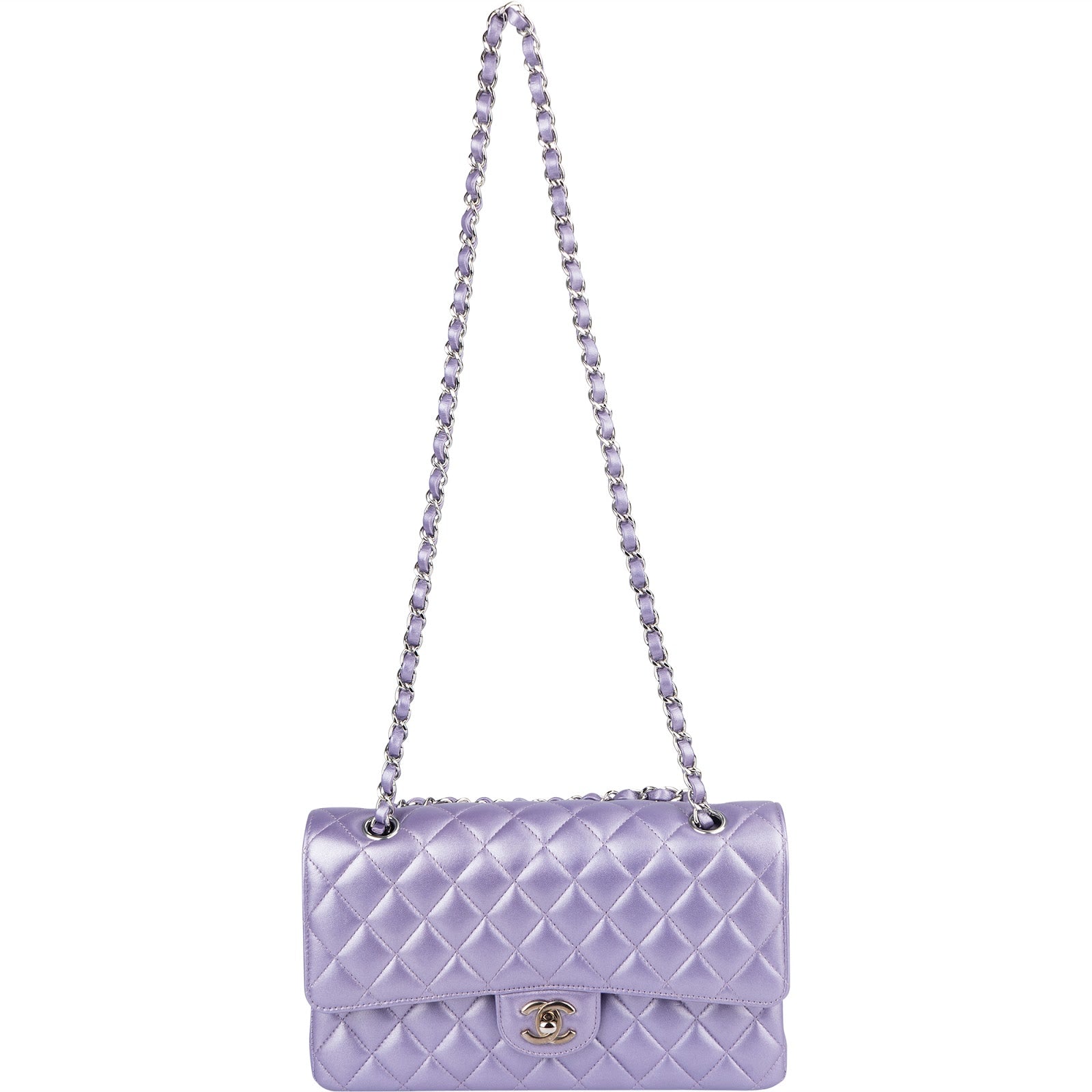 Chanel Quilted Metallic Lambskin Medium Double Flap Crossbody Bag