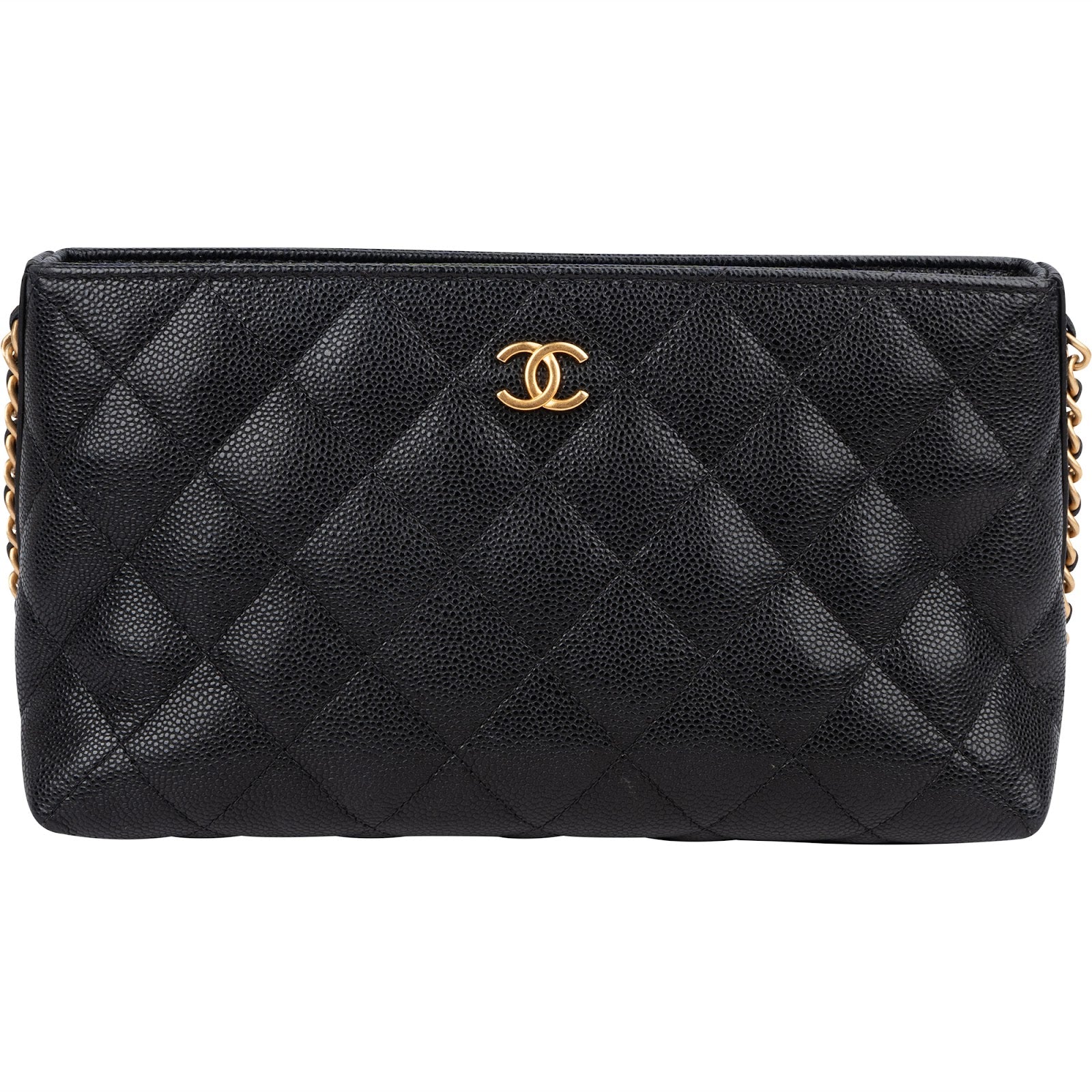 Pochette Chanel in pelle Caviar trapuntata con catena laterale