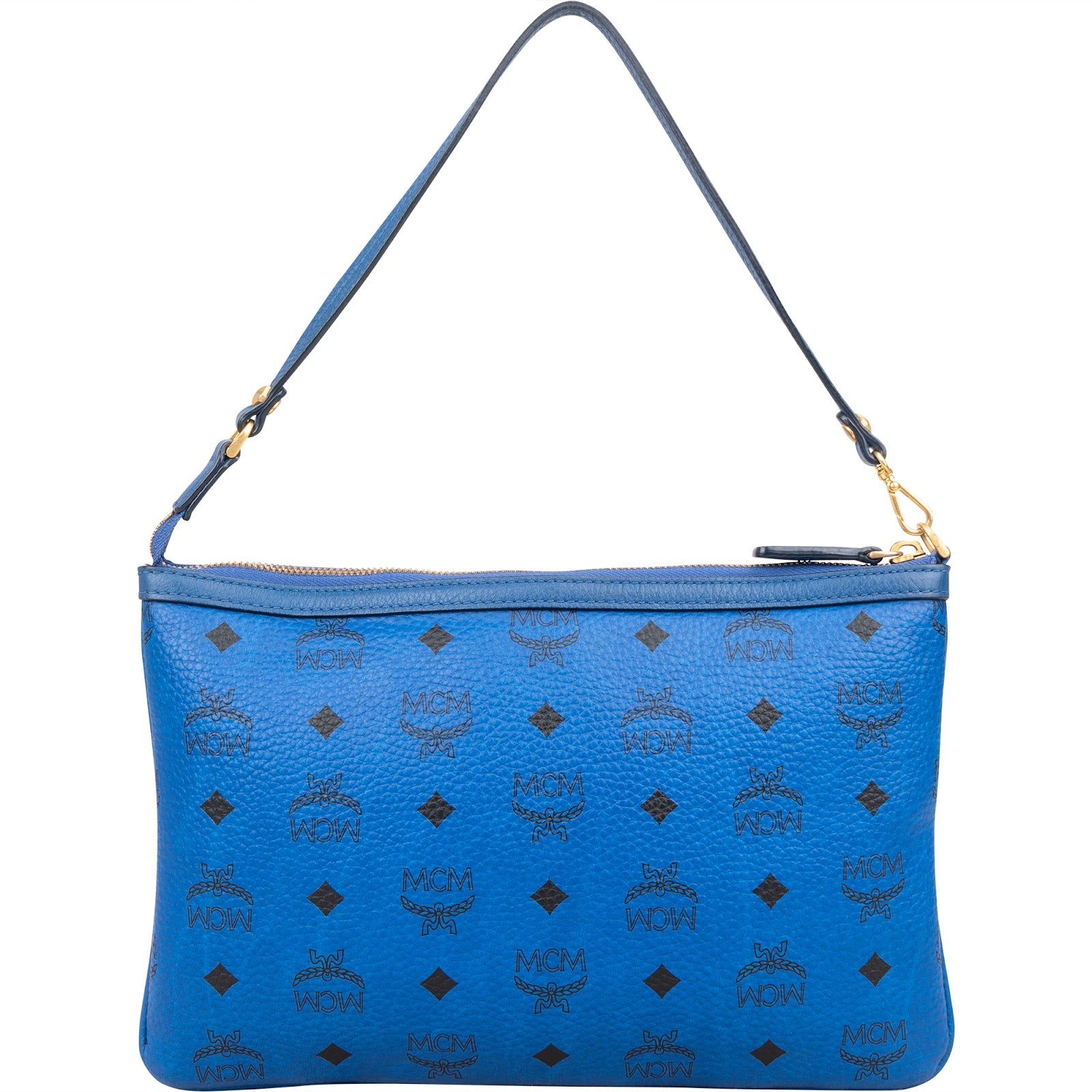 MCM Monogram Visetos Blue Liz Clutch Shoulder Bag