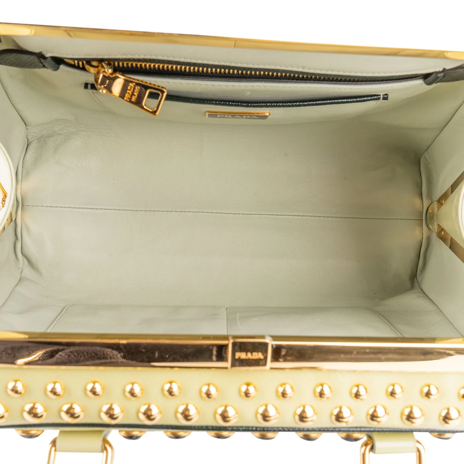 Prada Saffiano Vernic Leather Pyramid Frame Crystal Studded Promenade Handbag