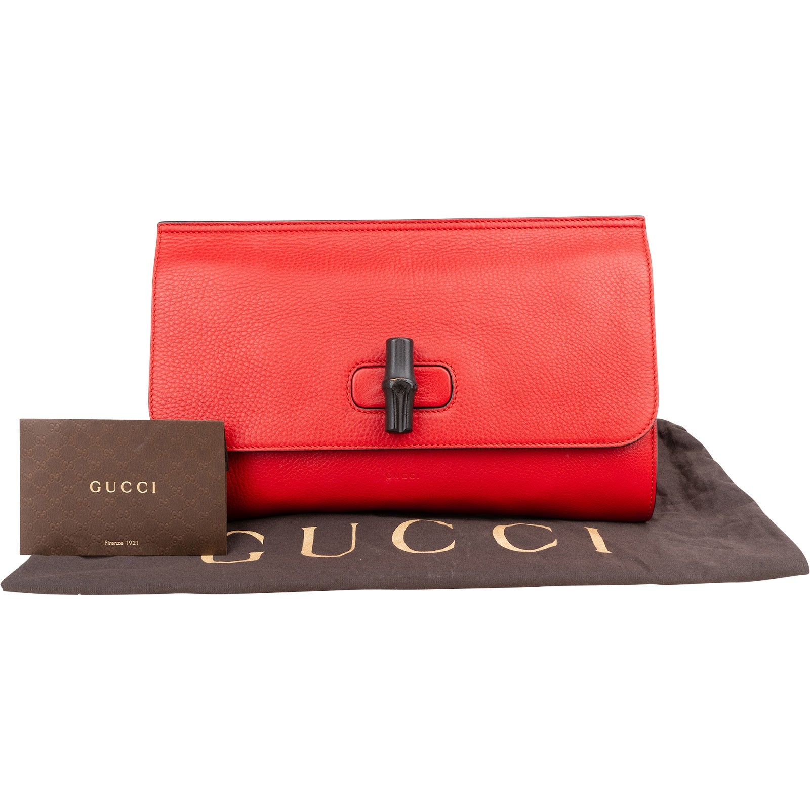 Gucci Red Pebbled Leather Bamboo Clutch
