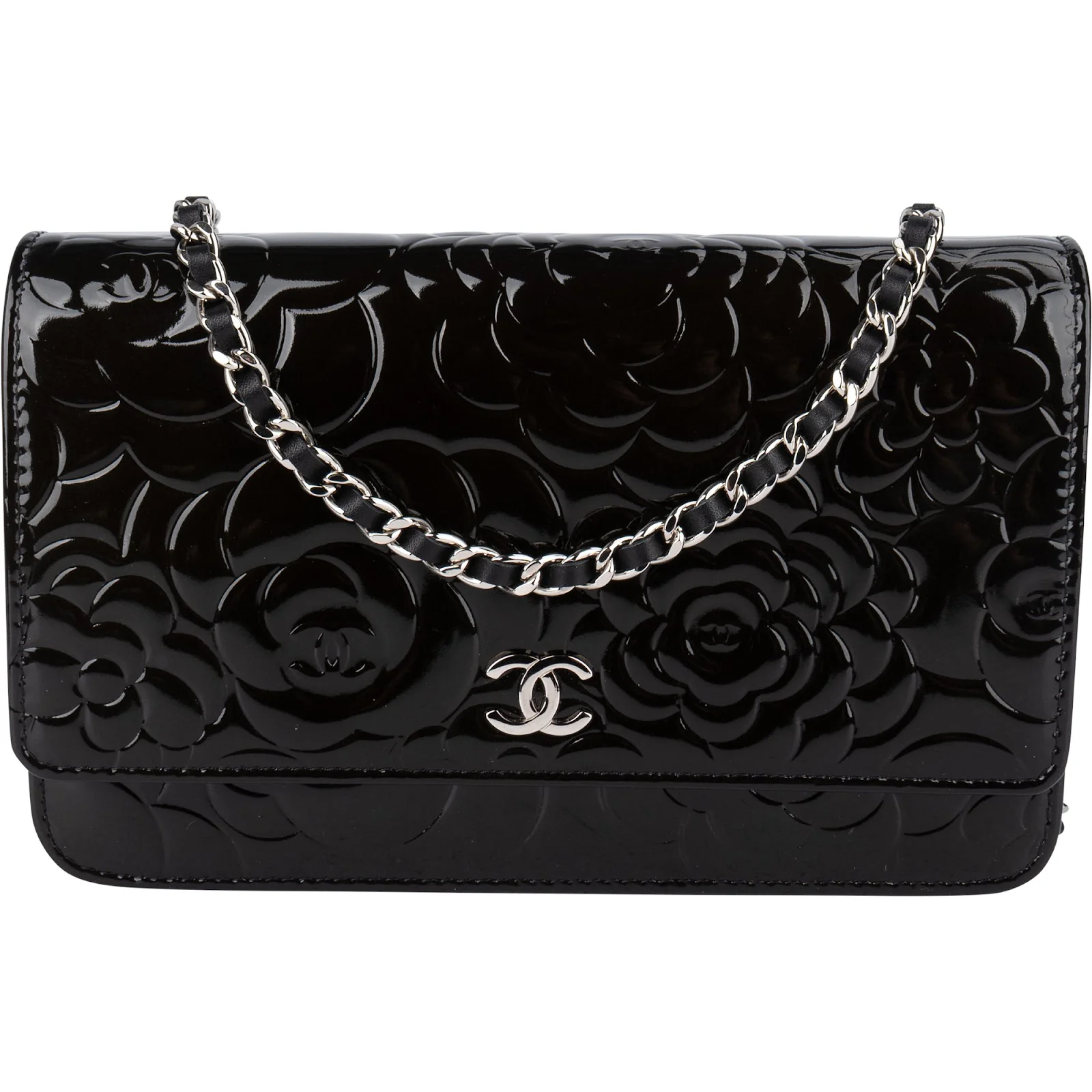 Chanel Patent Embossed Leather Camellia Wallet On Chain Crossbody Bag