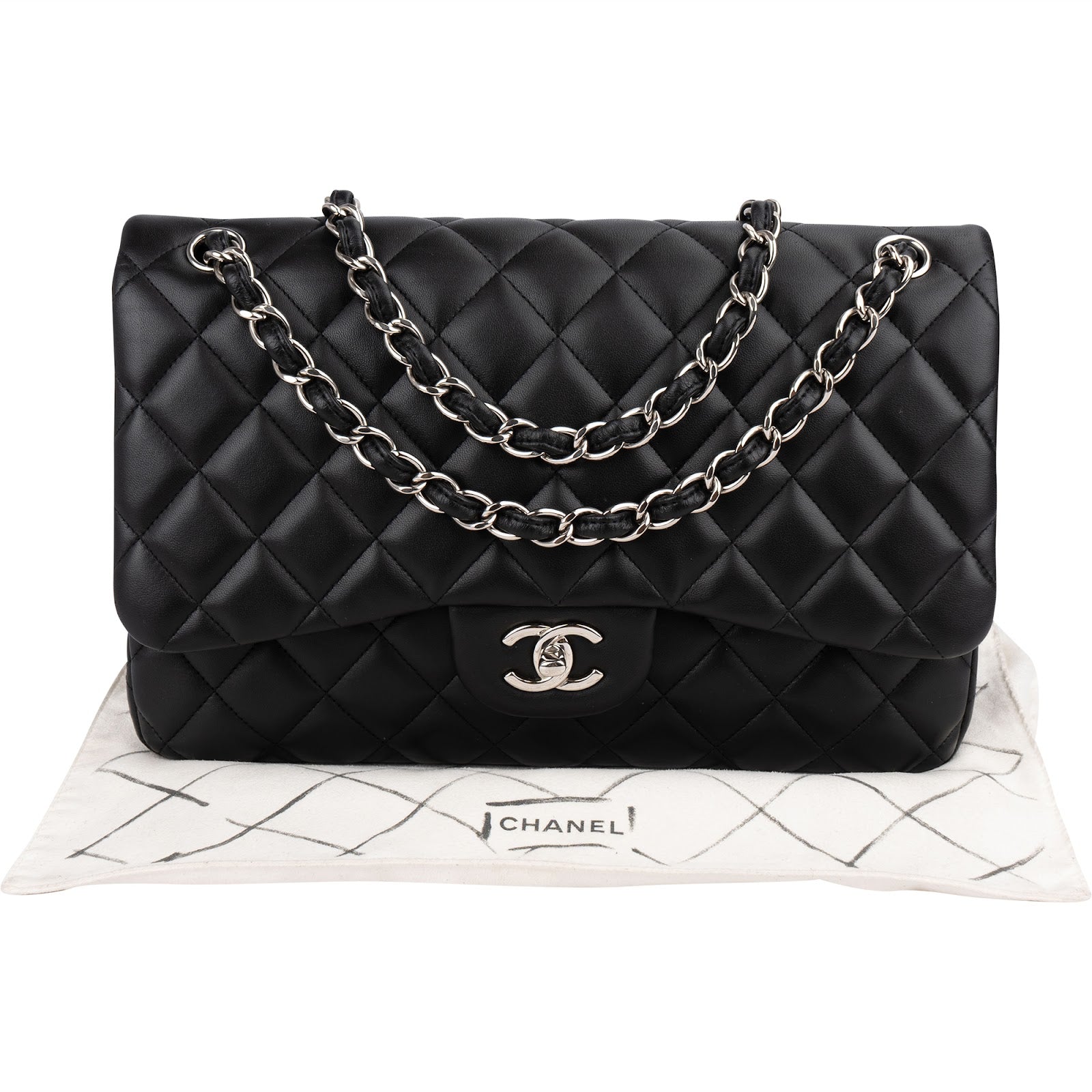 Chanel Quilted Lambskin Palladium Jumbo Double Flap Crossbody Bag