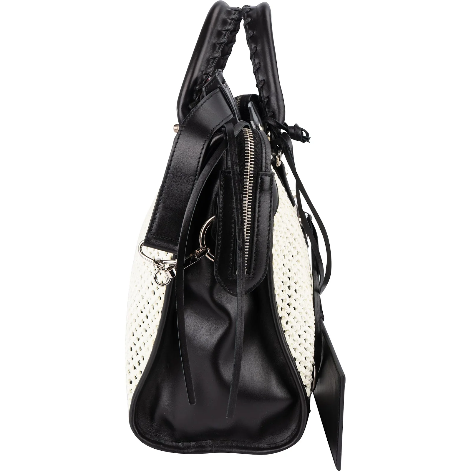 Balenciaga Black and White Raffia and Leather City Handbag