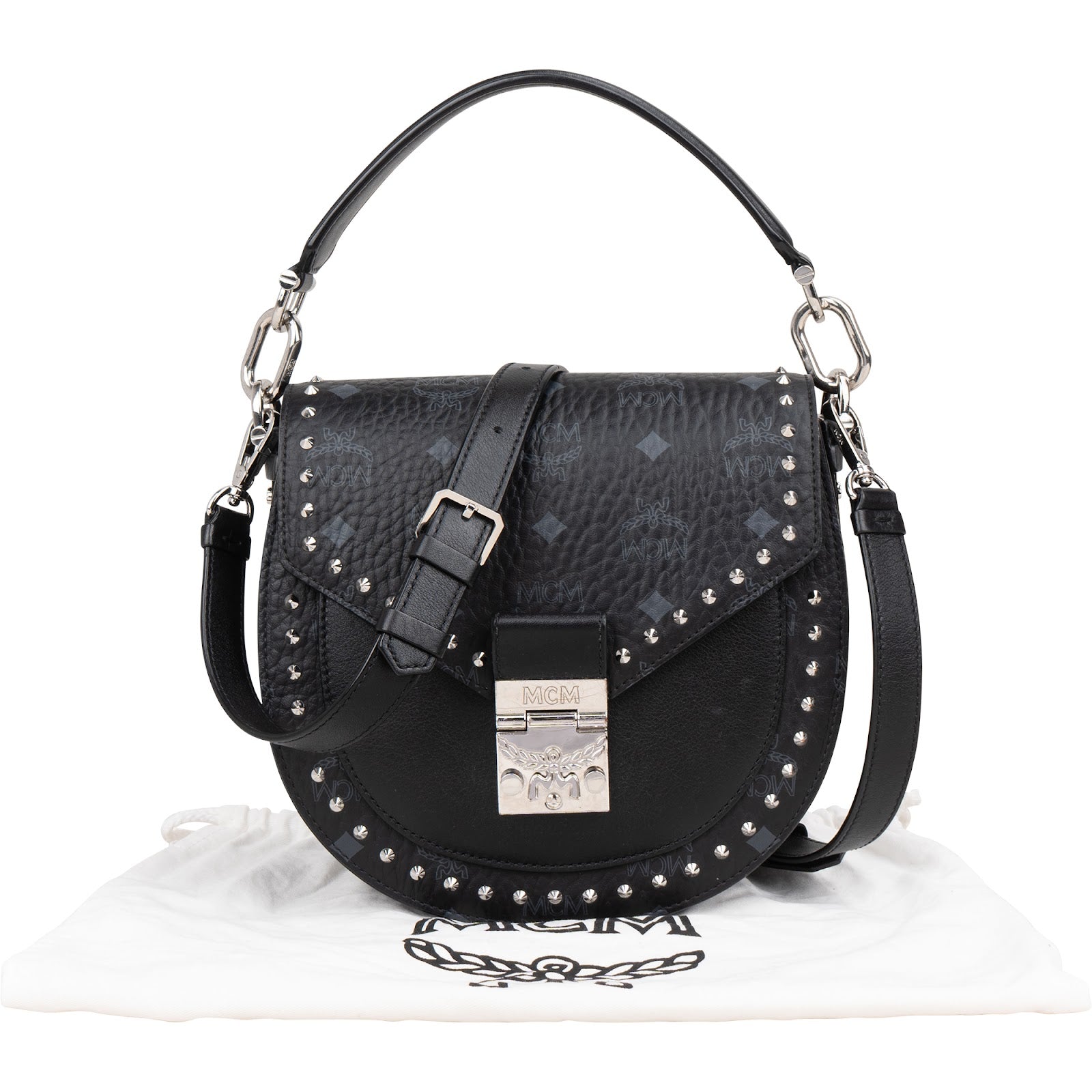 Sac à bandoulière MCM Visetos Monogram Patricia clouté, style « saddle »