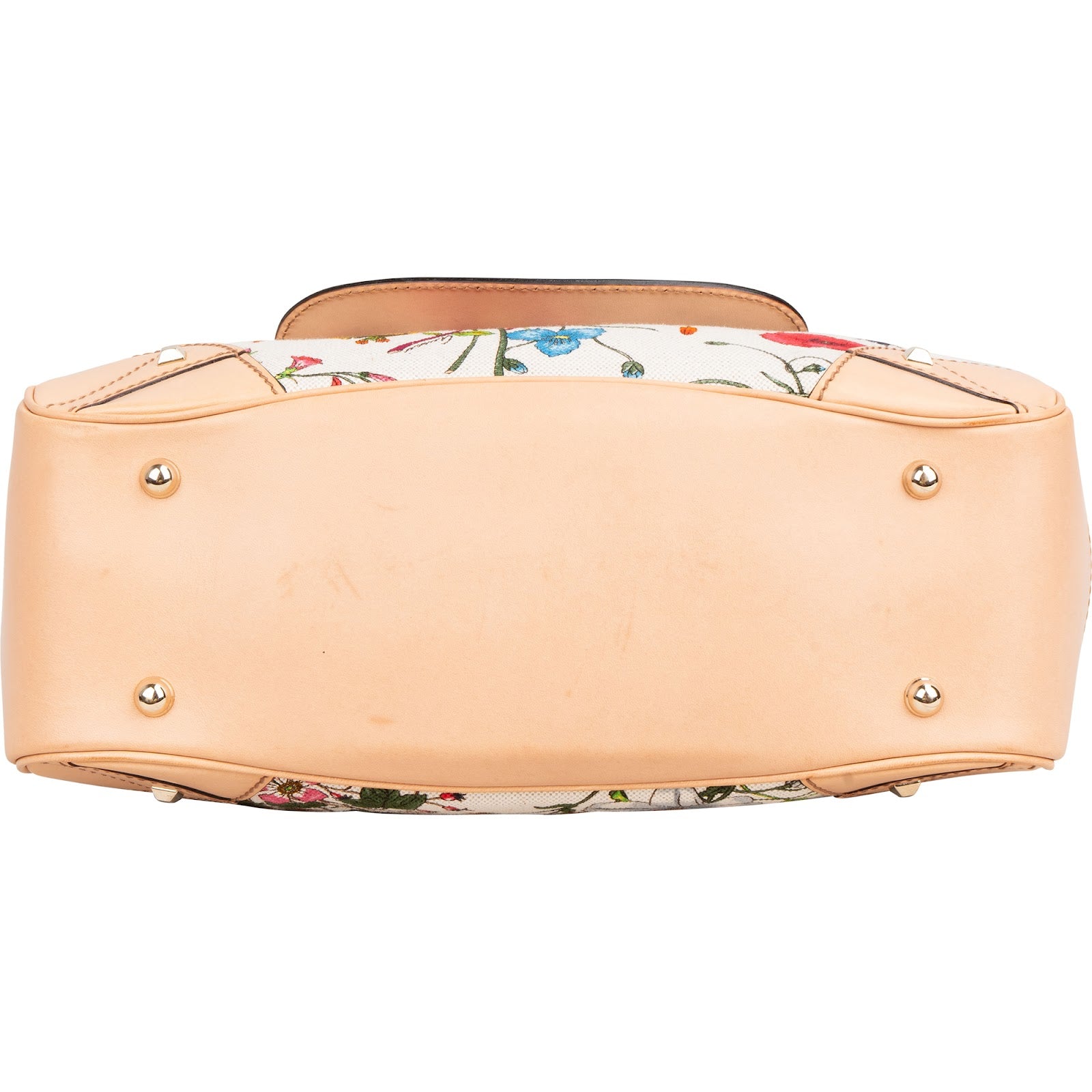 Gucci Rose Leather Flora Print Canvas Bamboo Top Handle Handbag