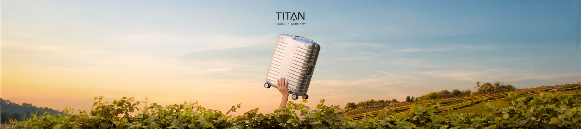 Silberner TITAN Hartschalenkoffer wird über grünen Weinreben vor einer sonnigen Hügellandschaft in die Höhe gehalten.