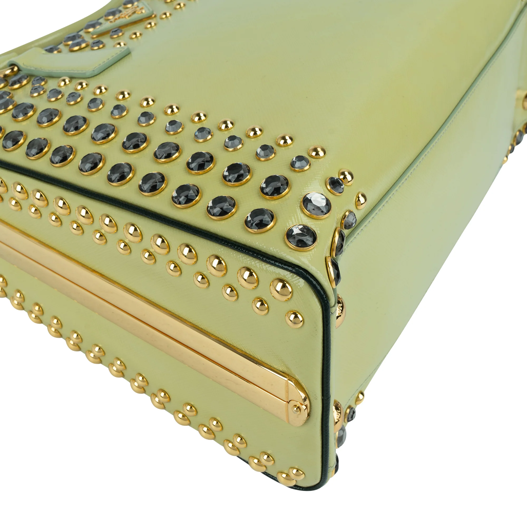 Prada Saffiano Vernic Leather Pyramid Frame Crystal Studded Promenade Handbag