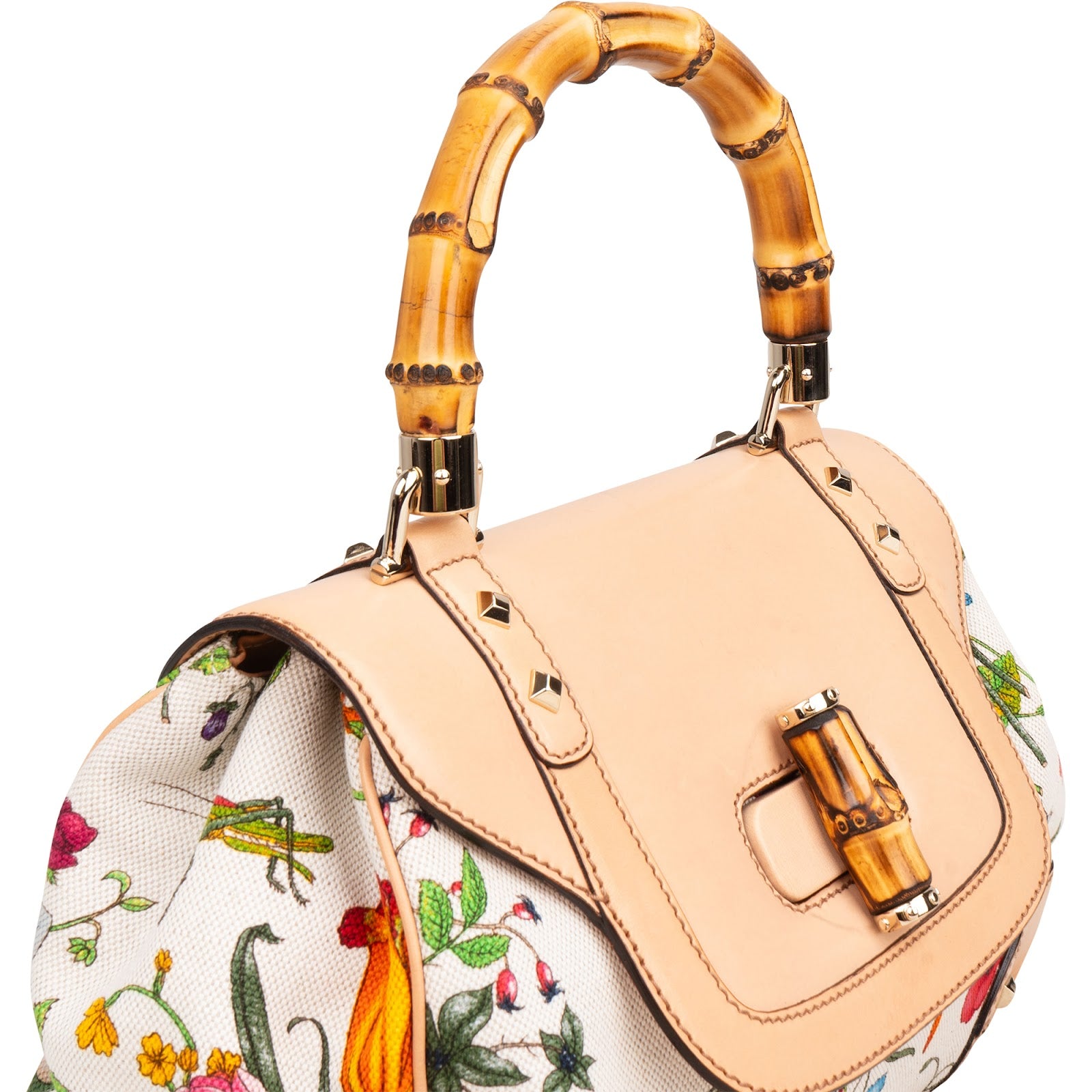 Gucci Rose Leather Flora Print Canvas Bamboo Top Handle Handbag
