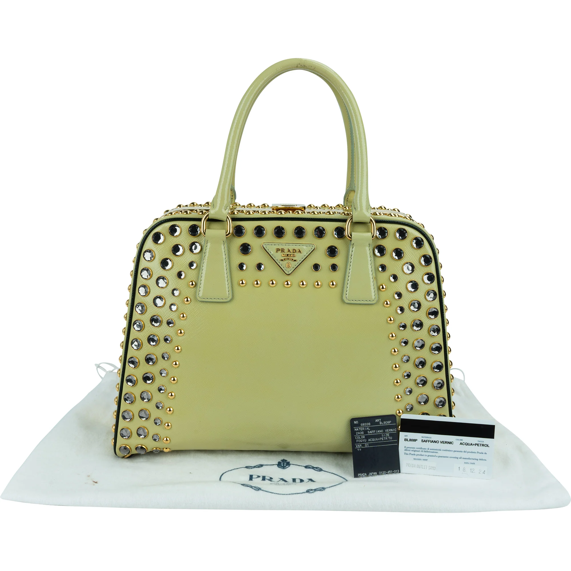 Prada Saffiano Vernic Leather Pyramid Frame Crystal Studded Promenade Handbag