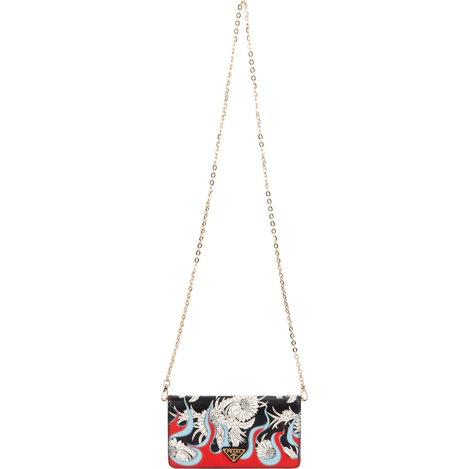 Prada Saffiano Leather Floral Flame Wallet on Chain Crossbody Bag