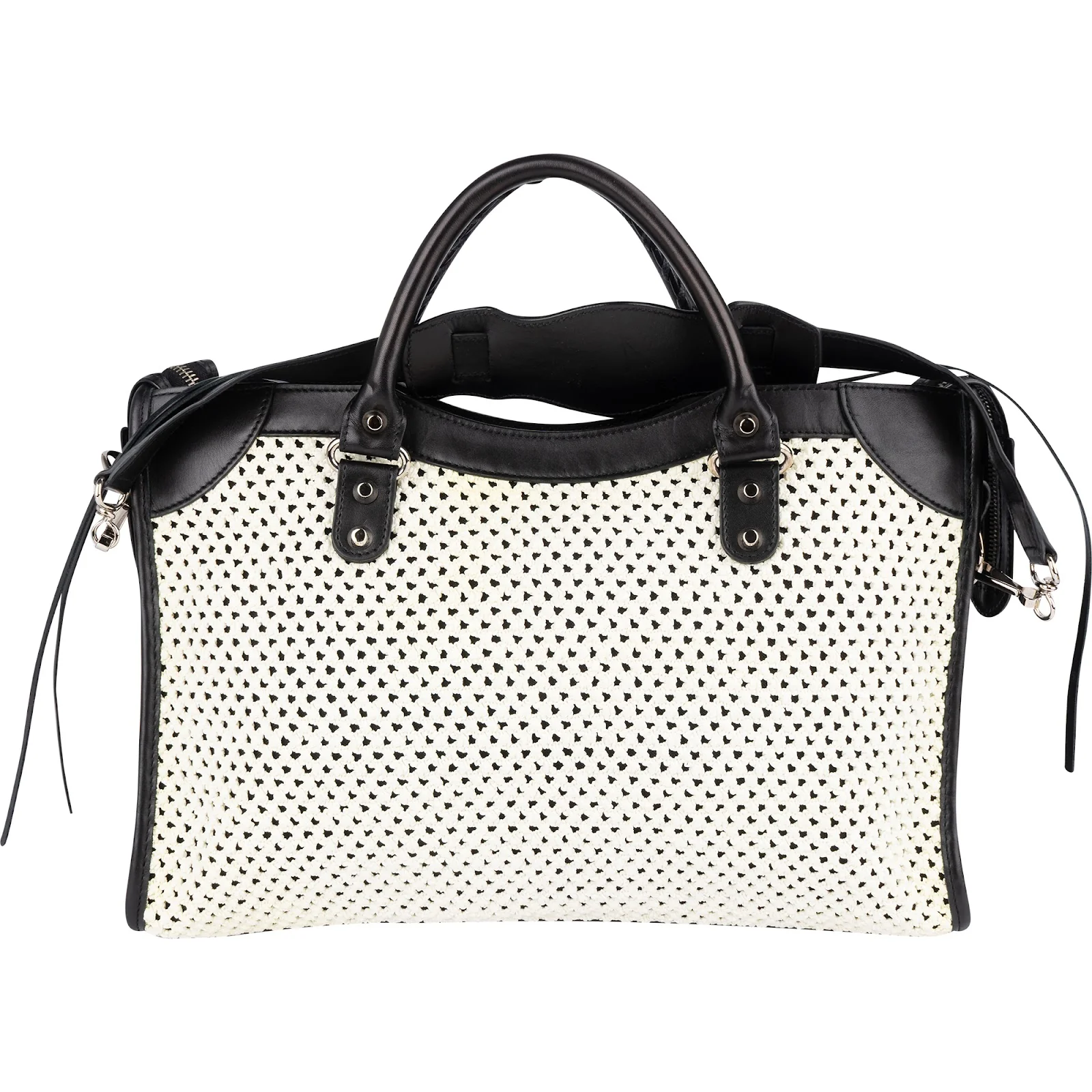 Balenciaga Black and White Raffia and Leather City Handbag