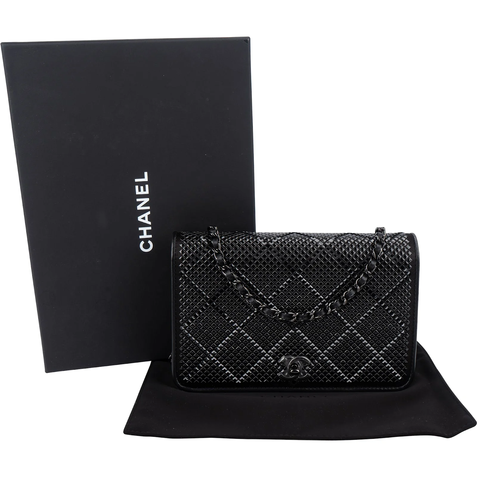 Chanel Patent Diamond Lattice Single Flap Wallet on Chain Crossbody Bag