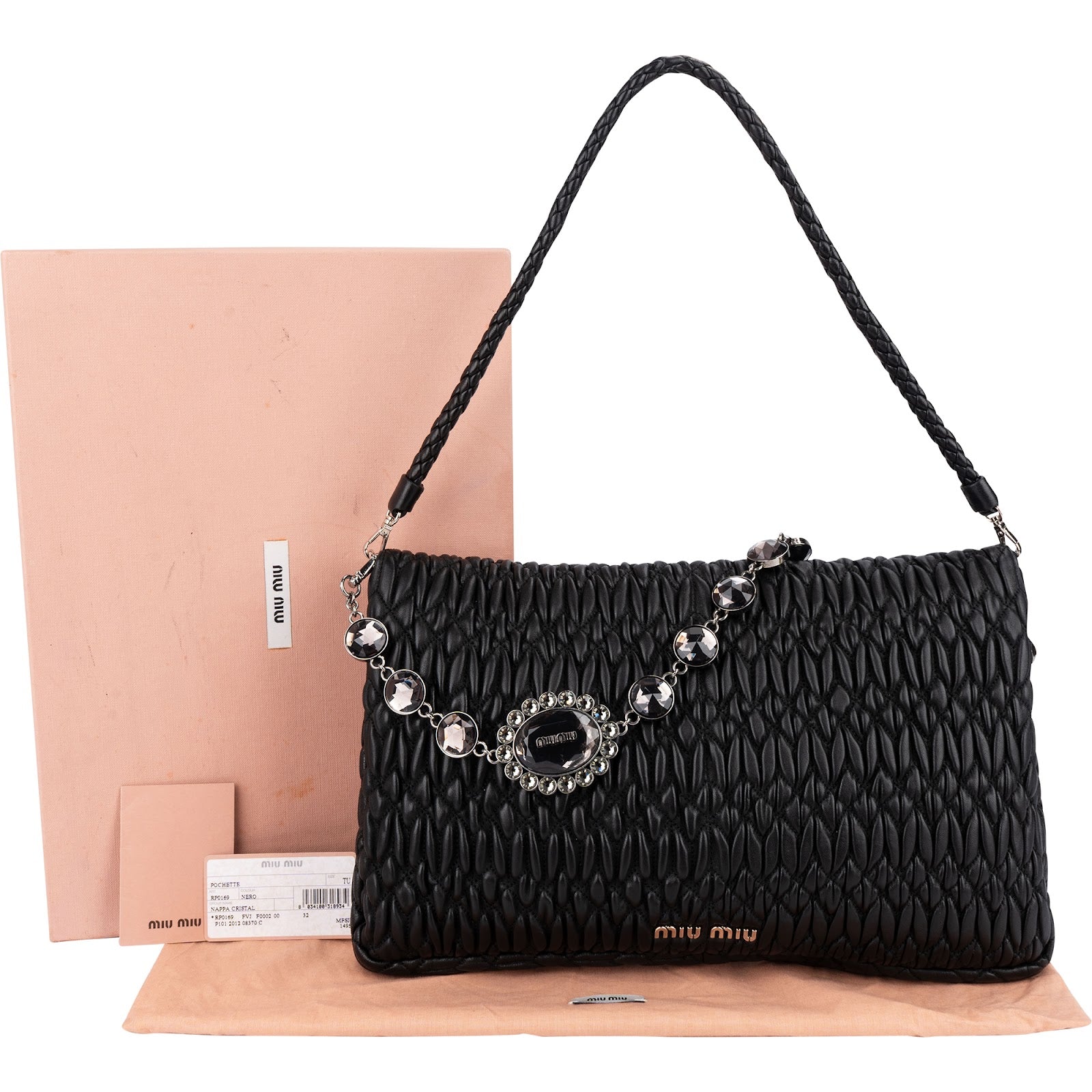 Miu Miu Matelassé Nappa Leather Hobo Crystal Embellishment Shoulder Bag