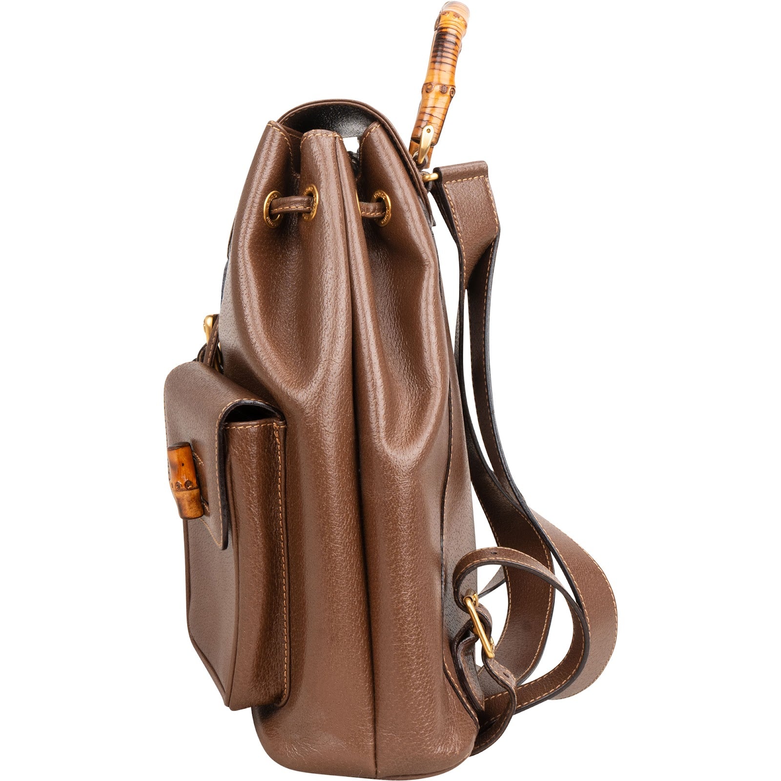 Gucci Brown Pebbled Leather Bamboo Drawstring Backpack