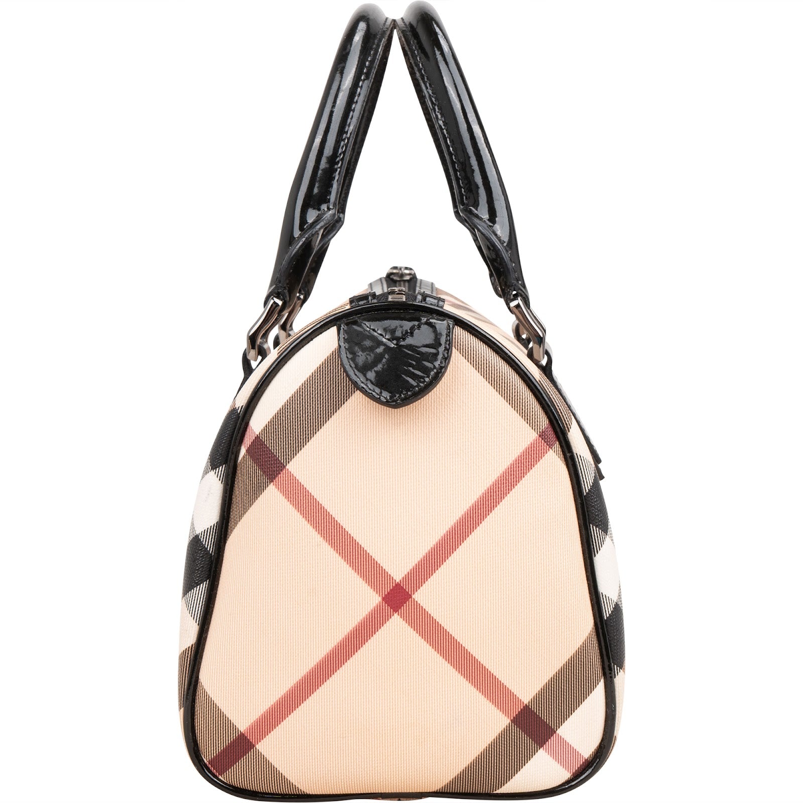 Burberry Nova-Check Monogram Patent Leather Nova Check Small Boston Bag Handbag