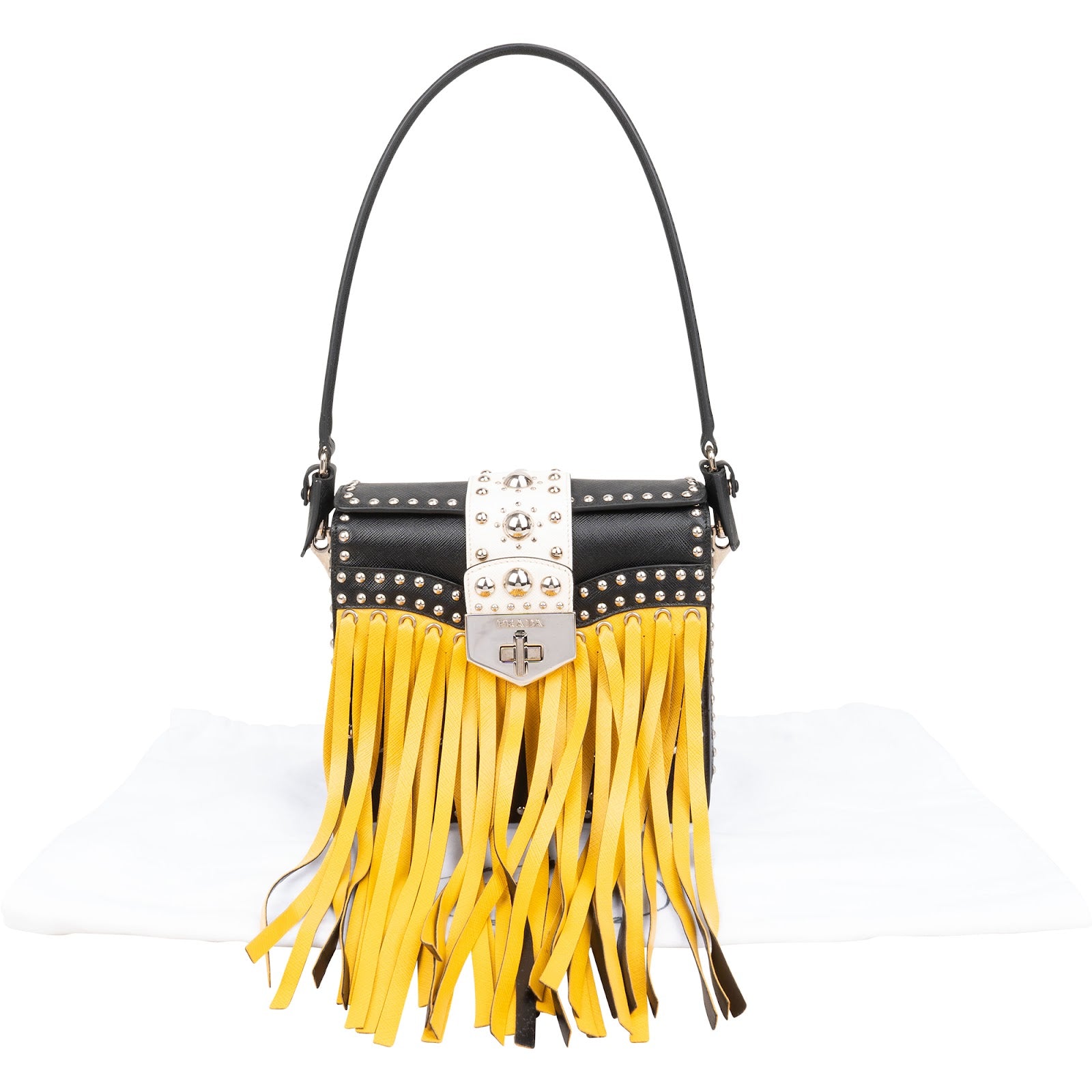 Prada Saffiano Leather Studded Fringe Turnlock Cahier Shoulder Bag