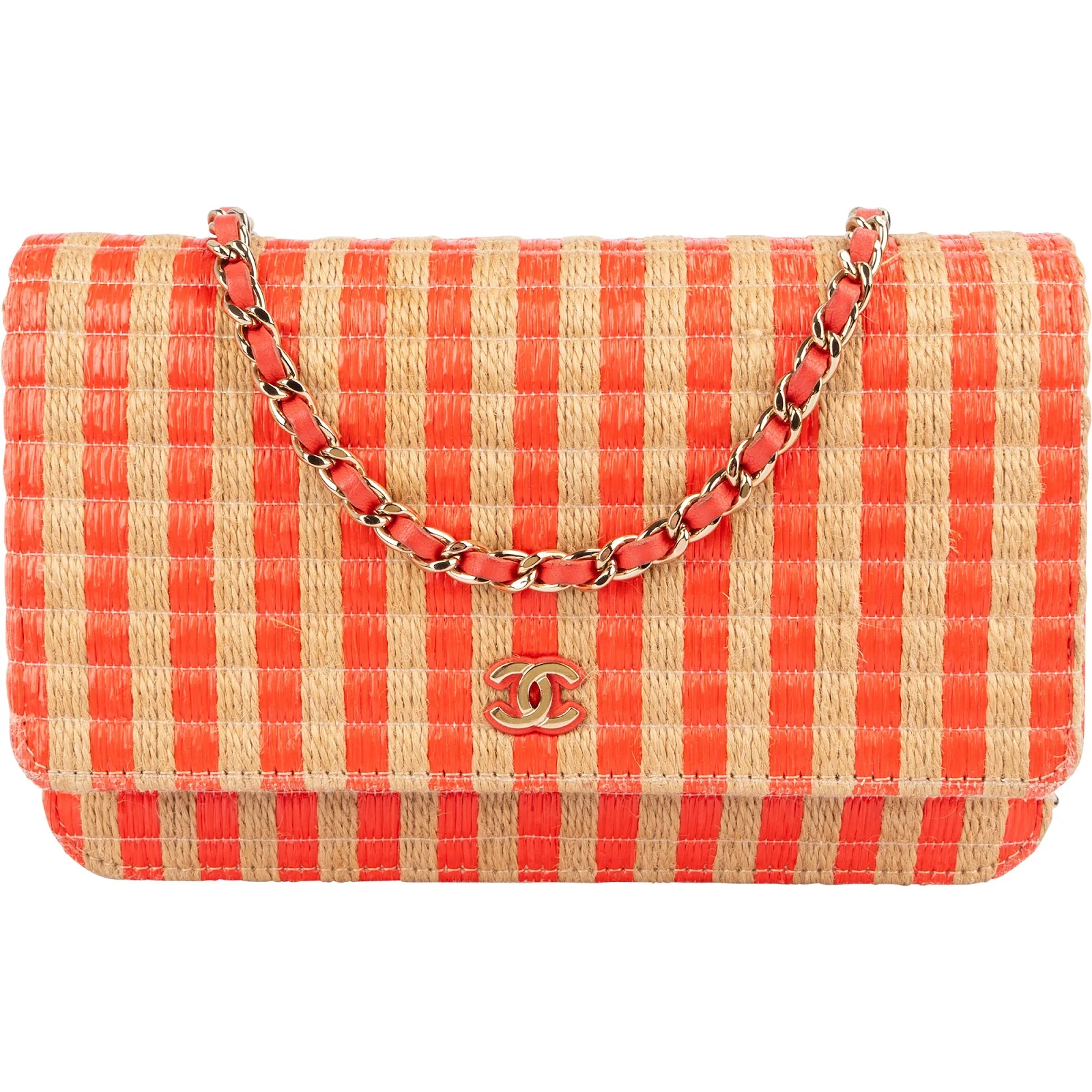 Chanel Raffia Gingham Wallet On Chain Crossbody Bag