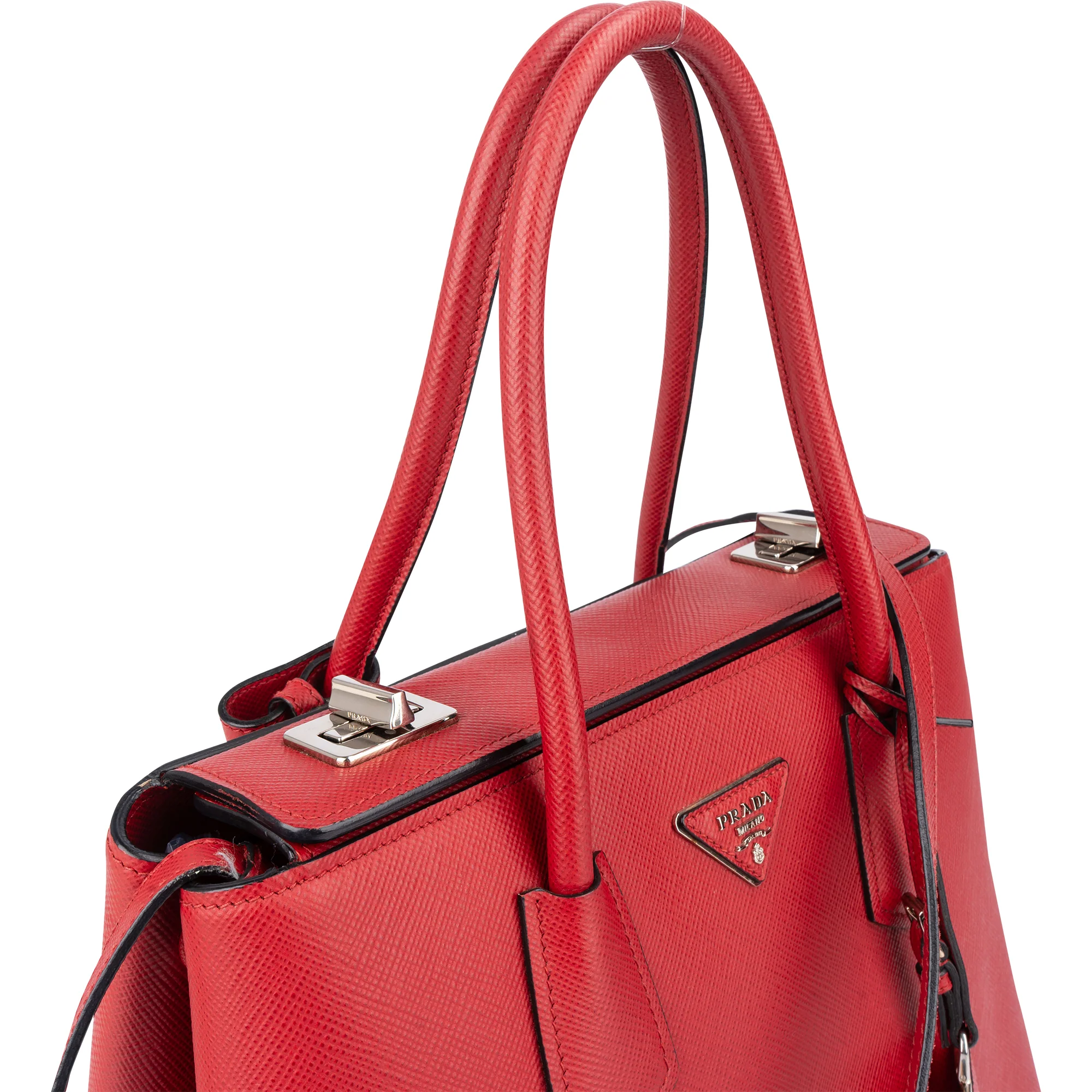 Prada Red Saffiano Leather Turnlock Double Handbag