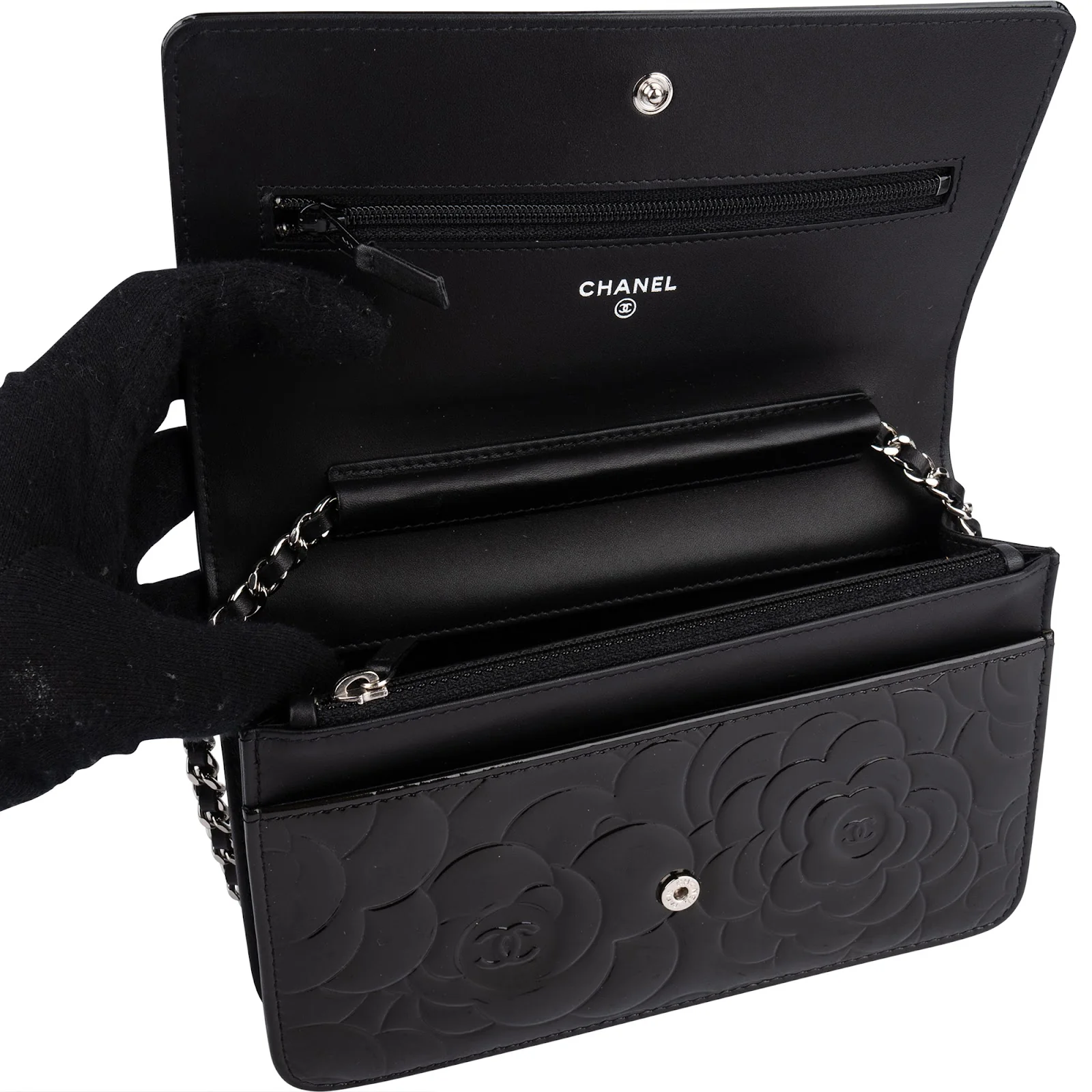 Chanel Patent Embossed Leather Camellia Wallet On Chain Crossbody Bag