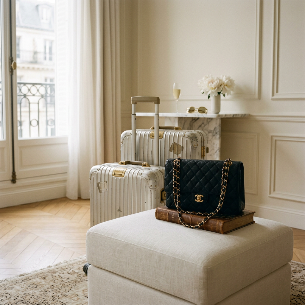 Chanel Classic Flap Bag aus schwarzem Leder mit goldener Kette, stilvoll inszeniert neben Reisegepäck in elegantem Interieur