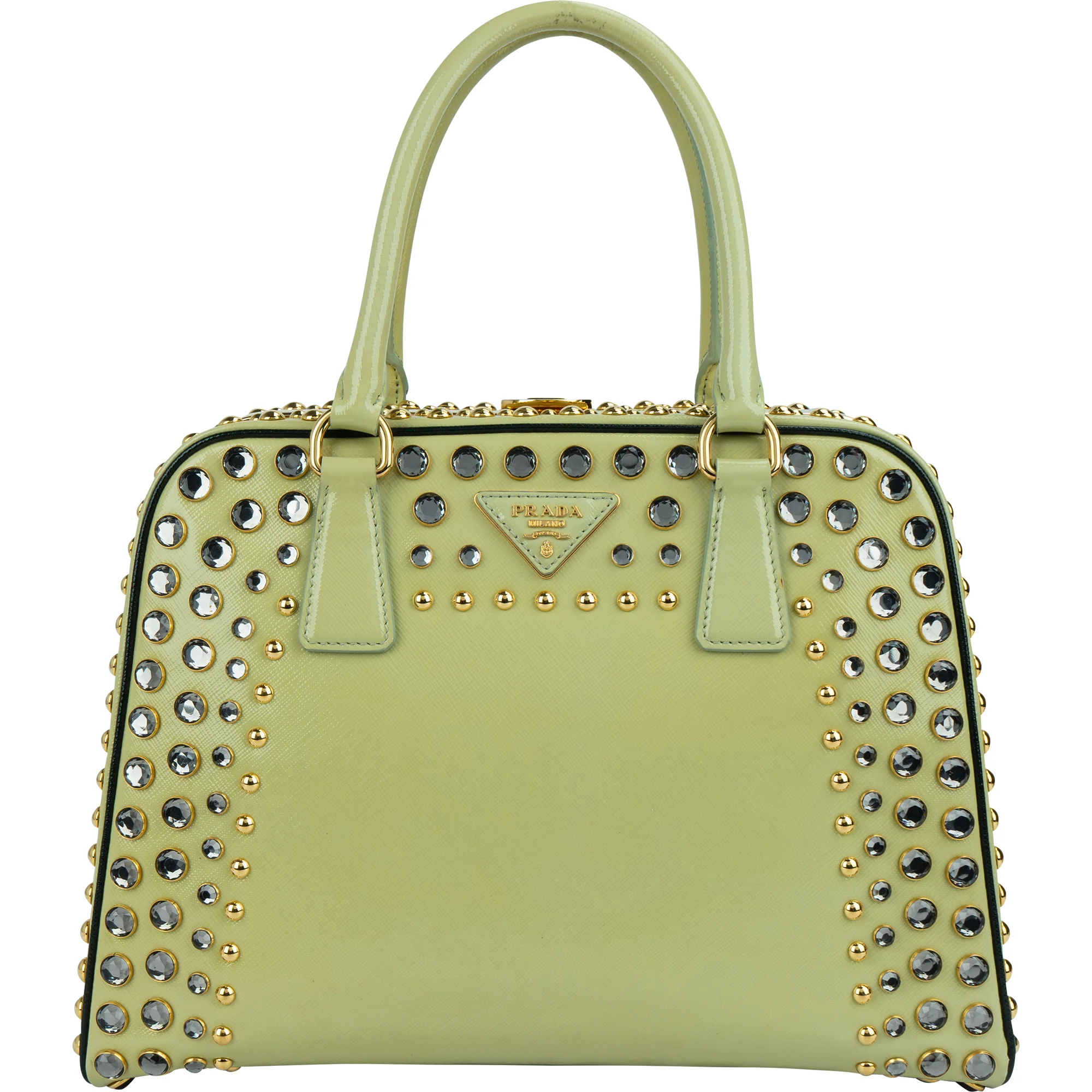 Prada Saffiano Vernic Leather Pyramid Frame Crystal Studded Promenade Handbag