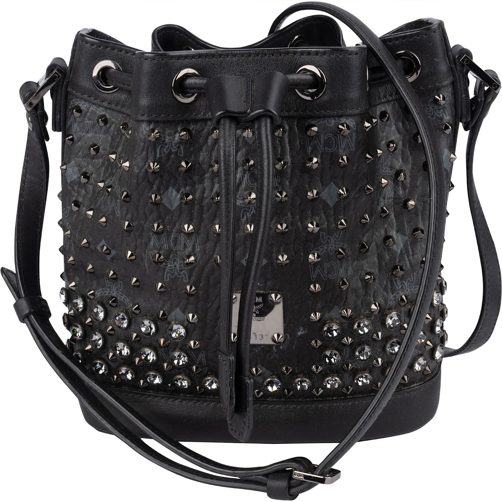 MCM Black Monogram Visetos Studded Crystal Small Bucket Crossbody Bag