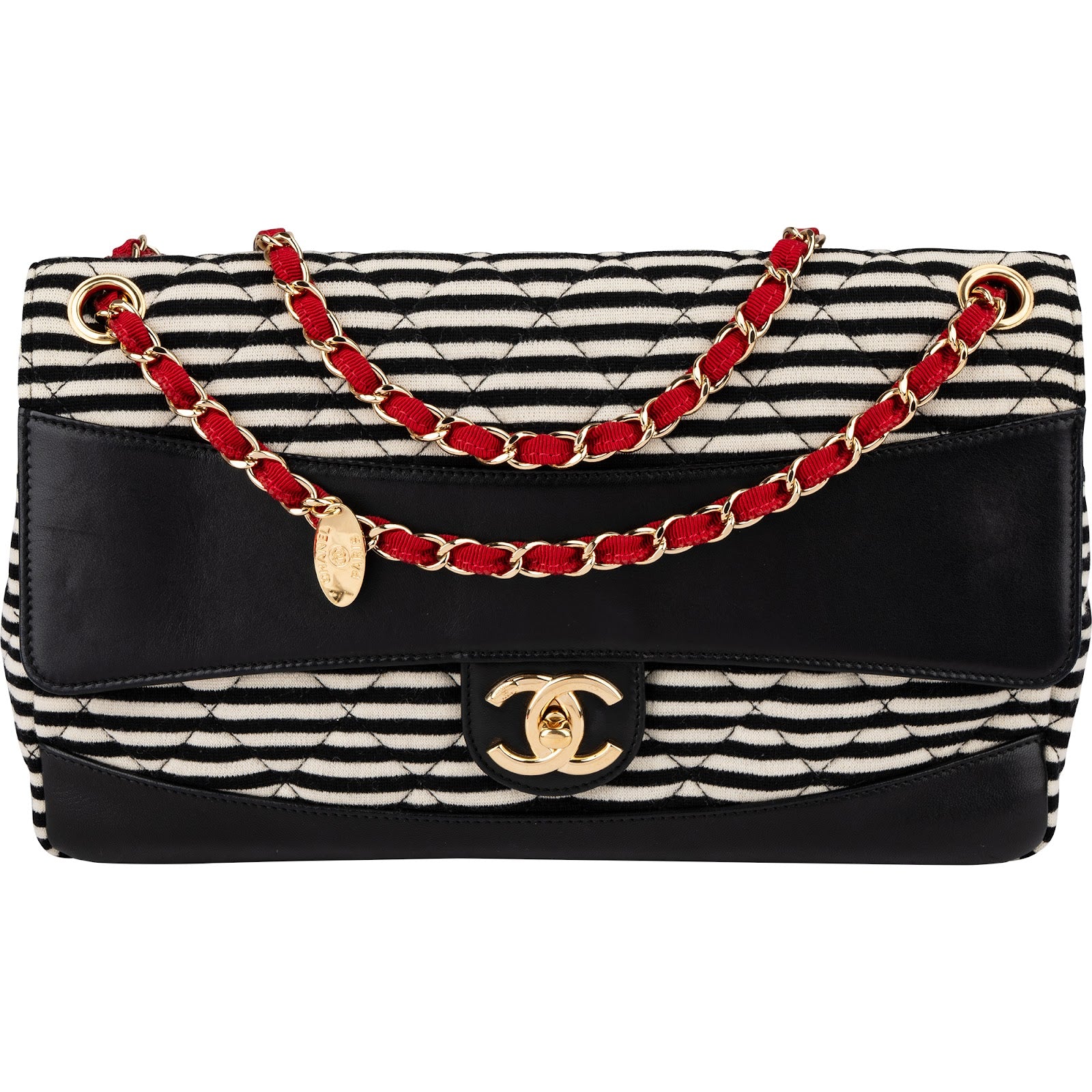 Chanel - Striped Cotton Single Flap Shoulder Bag