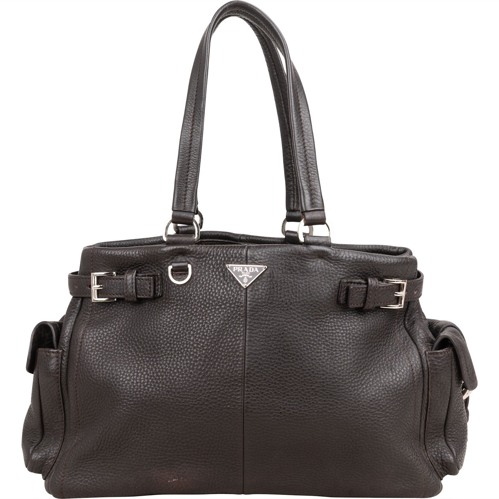 Prada Dark Brown Vitello Daino Leather Buckle Satchel Handbag