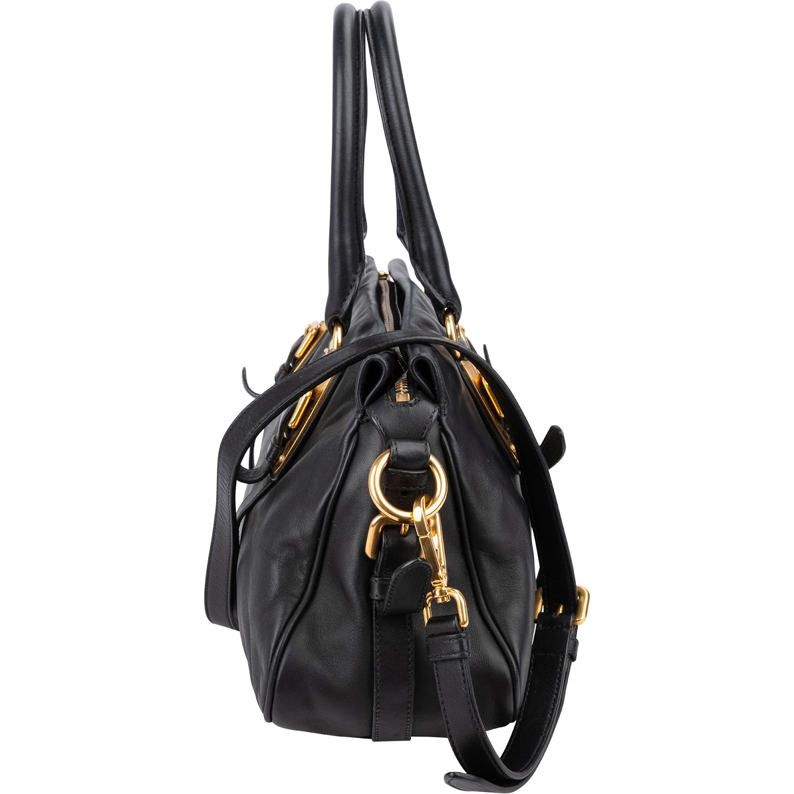 Prada Black Leather Buckle Tote Handbag