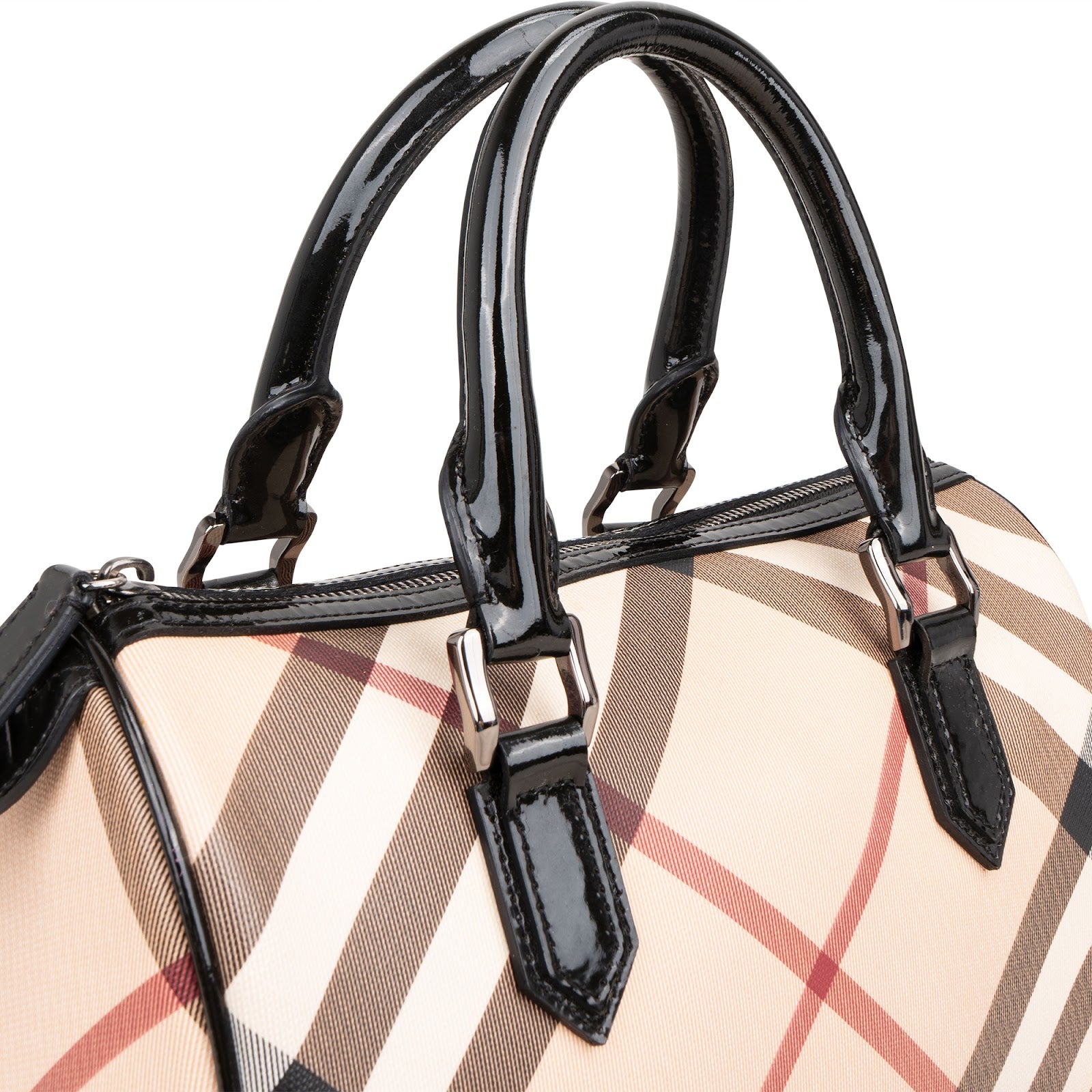 Burberry Nova-Check Monogram Patent Leather Nova Check Small Boston Bag Handbag