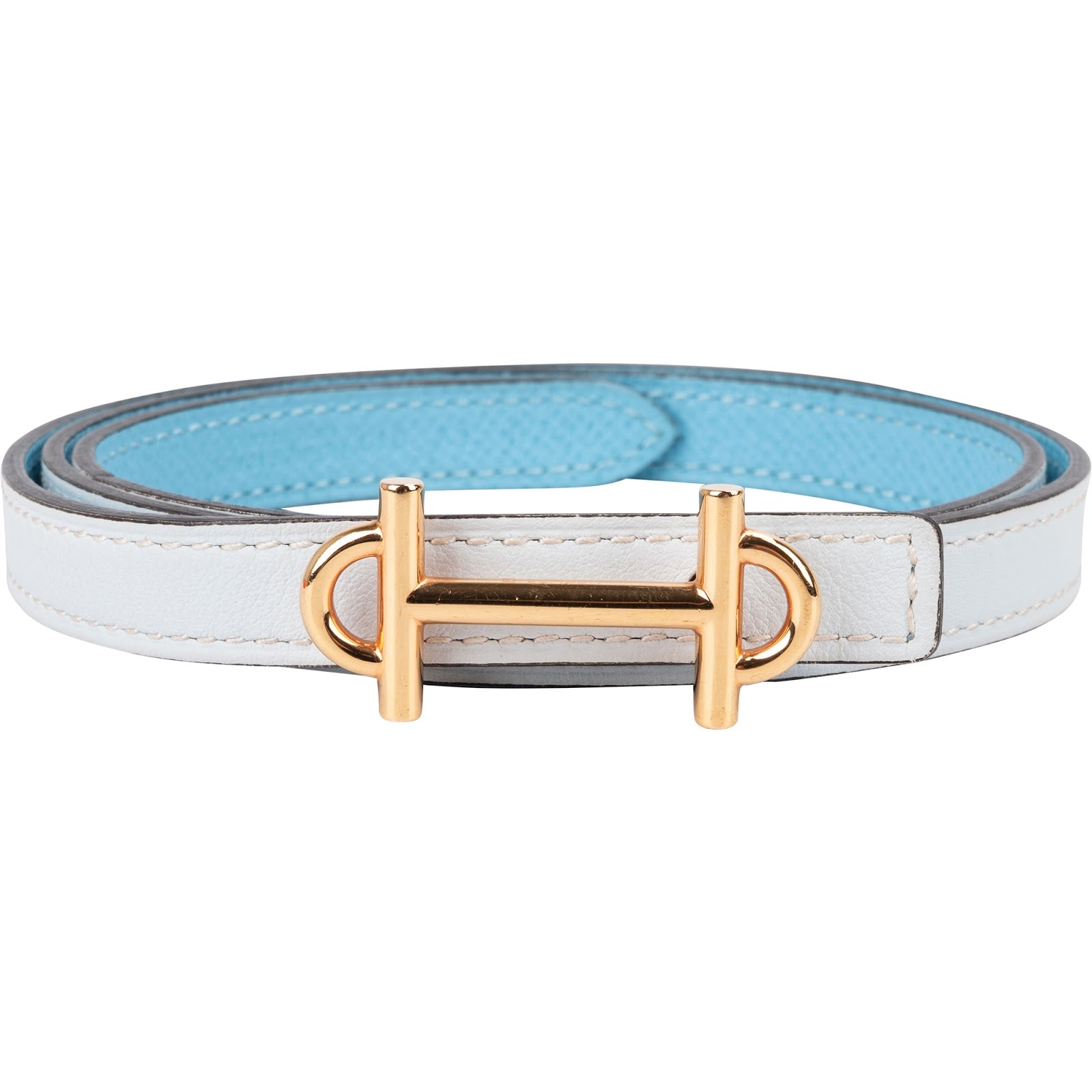 Hermès Reversible Blue Leather Gamma H Skinny Belt (70)