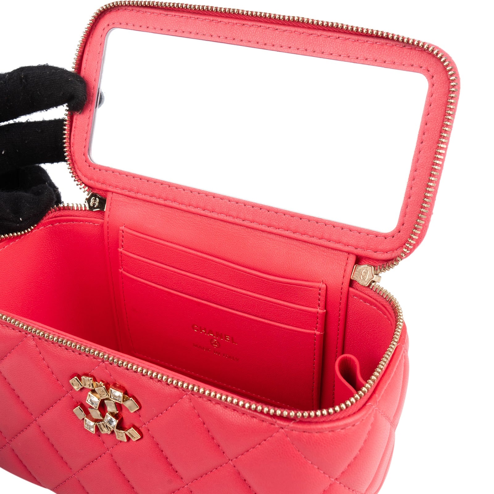 Chanel Quilted Lambskin Crystal Emblem CC Vanity Case