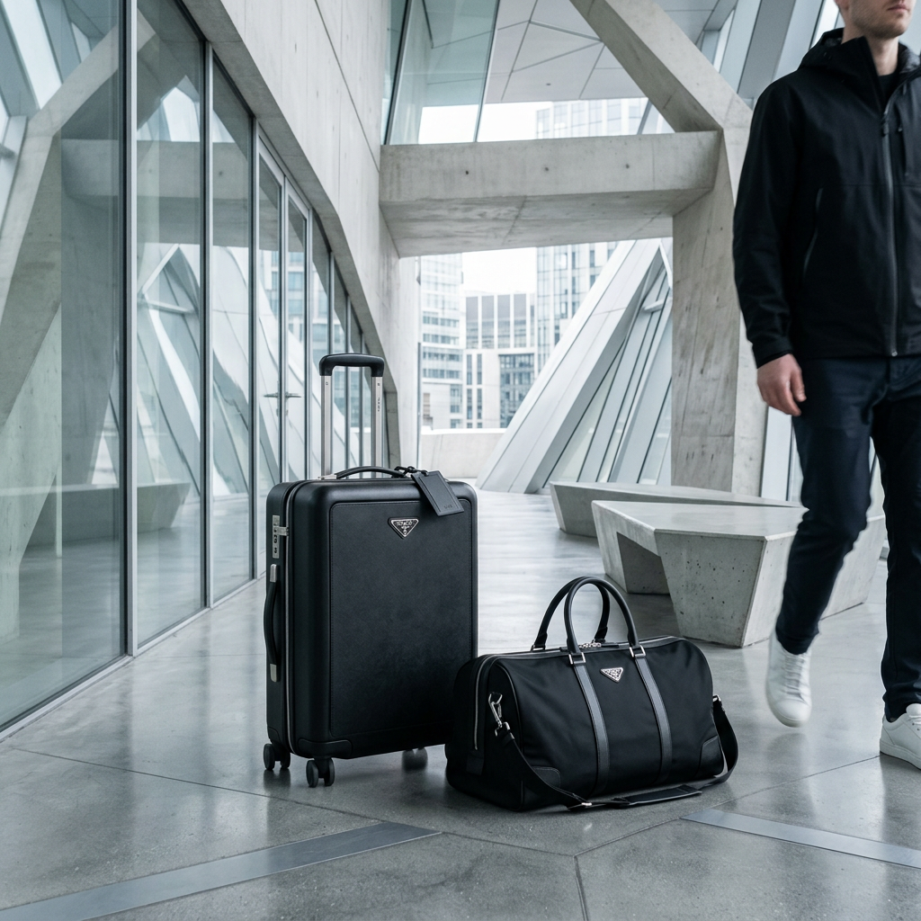 Schwarzer Prada Koffer und passende Reisetasche in moderner Architekturkulisse