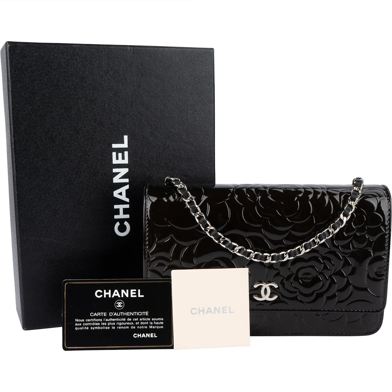 Chanel Patent Embossed Leather Camellia Wallet On Chain Crossbody Bag