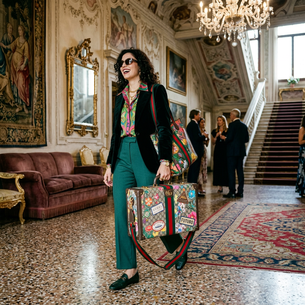 Gucci Vintage Koffer mit buntem Muster getragen von eleganter Frau in luxuriösem Interieur