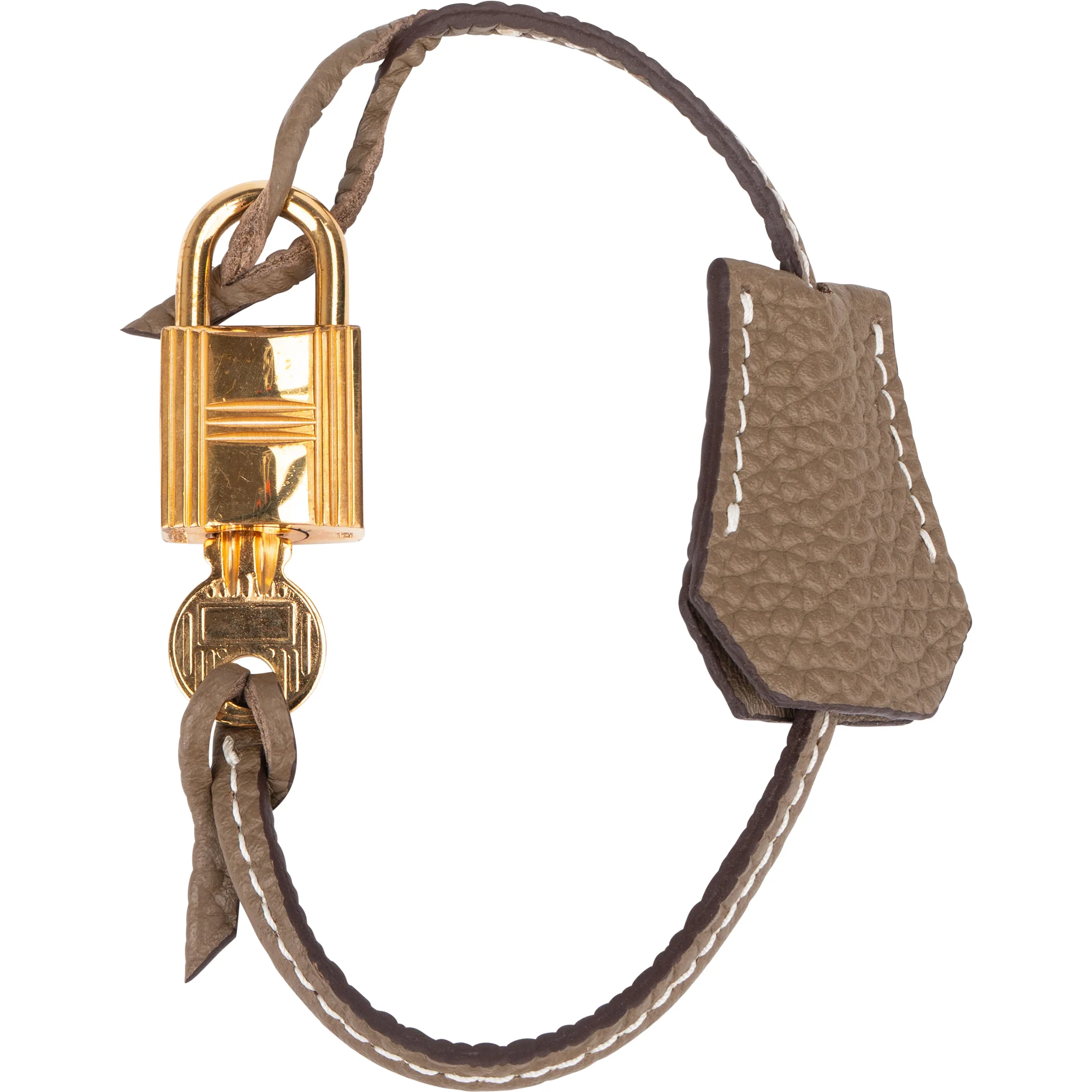 Hermès Taupe Togo Leather Clochette + Golden Padlock Schloss
