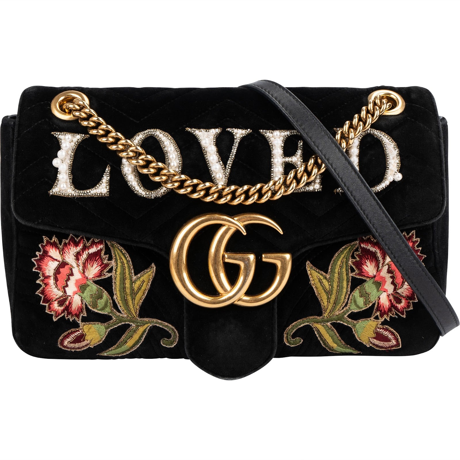 Gucci Monogram Velvet Small GG Marmont 'Loved' Embroidered Shoulder Bag