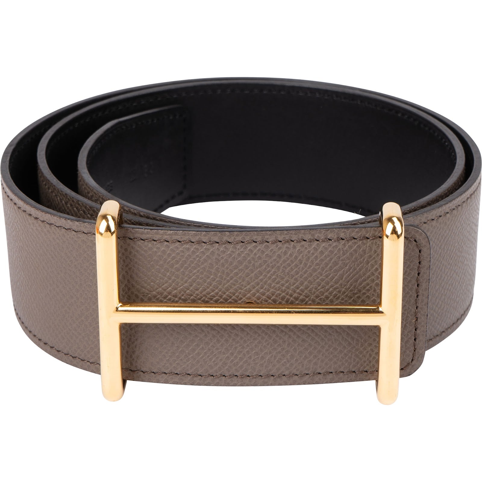 Hermès Noir & Taupe Pebbled Pesom Leather H Reversible Belt (80)
