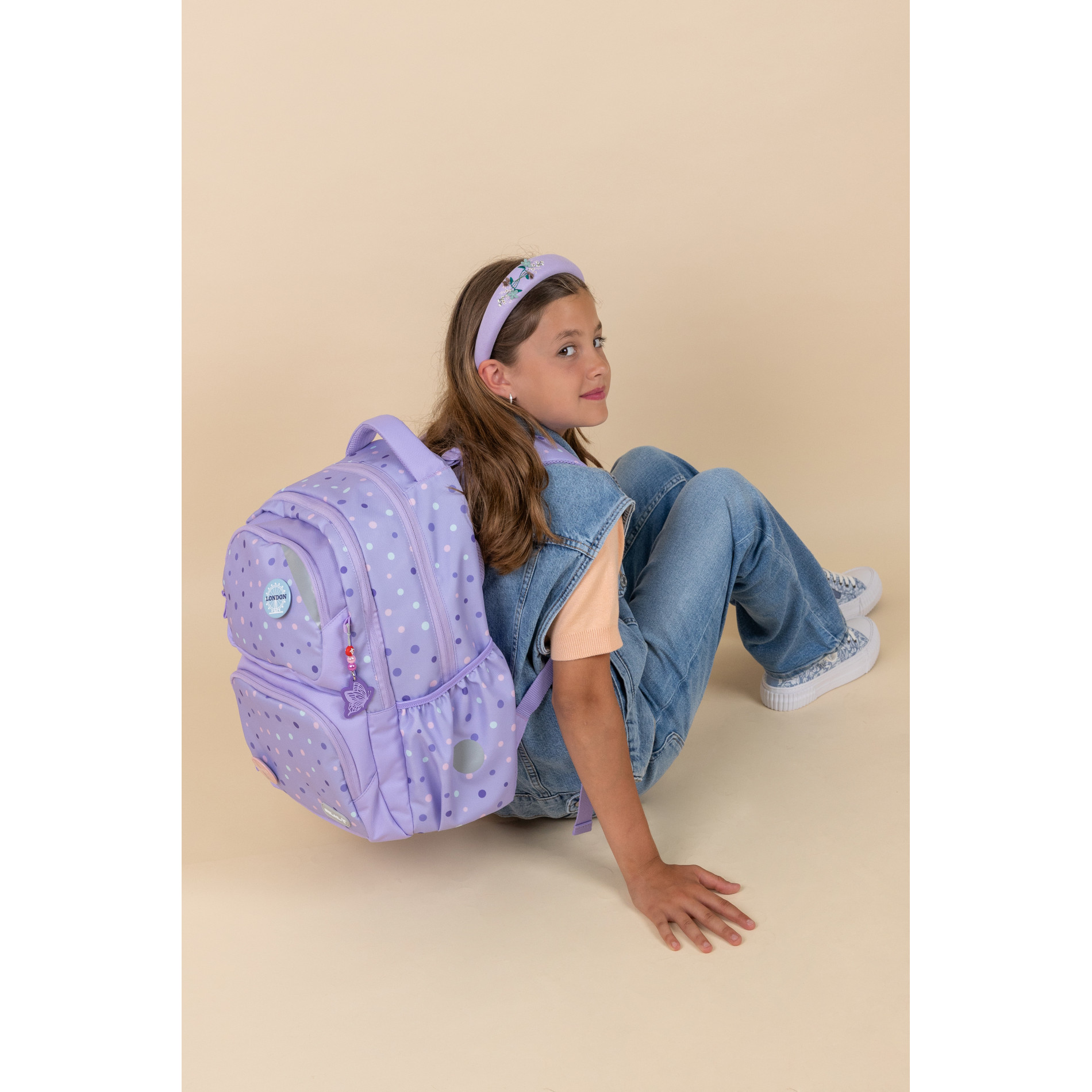Maxi Pack Schulrucksack mit Brustgurt 2tlg. Set - "Purple Dots"