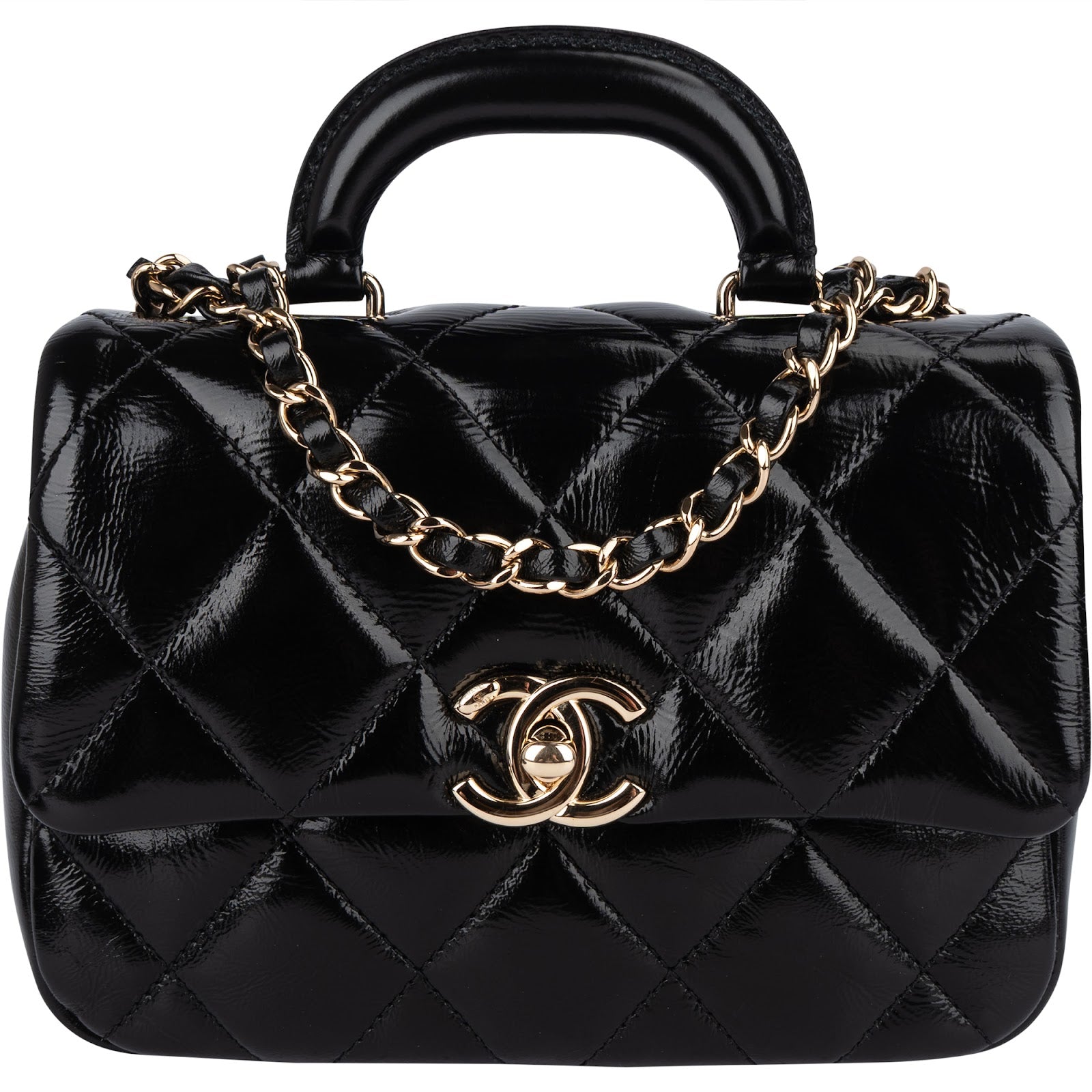 Chanel Quilted Patent Calfskin Coco Handle Single Flap Crossbody Bag