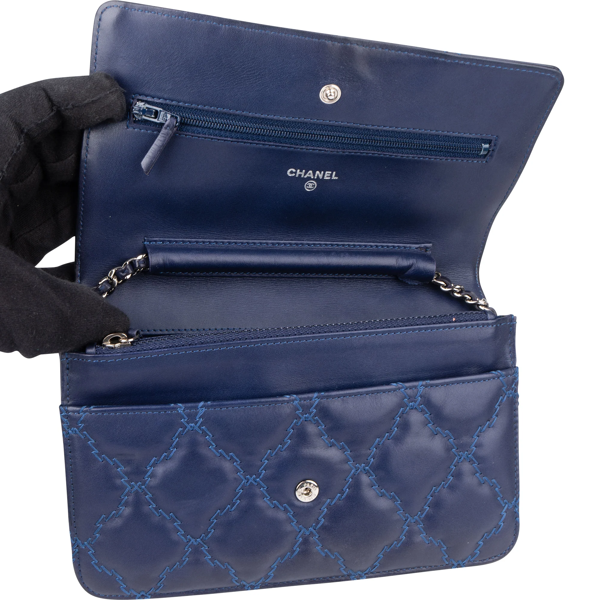 Chanel Bleu Quilted Stitch Lambskin Wallet On Chain Crossbody Bag