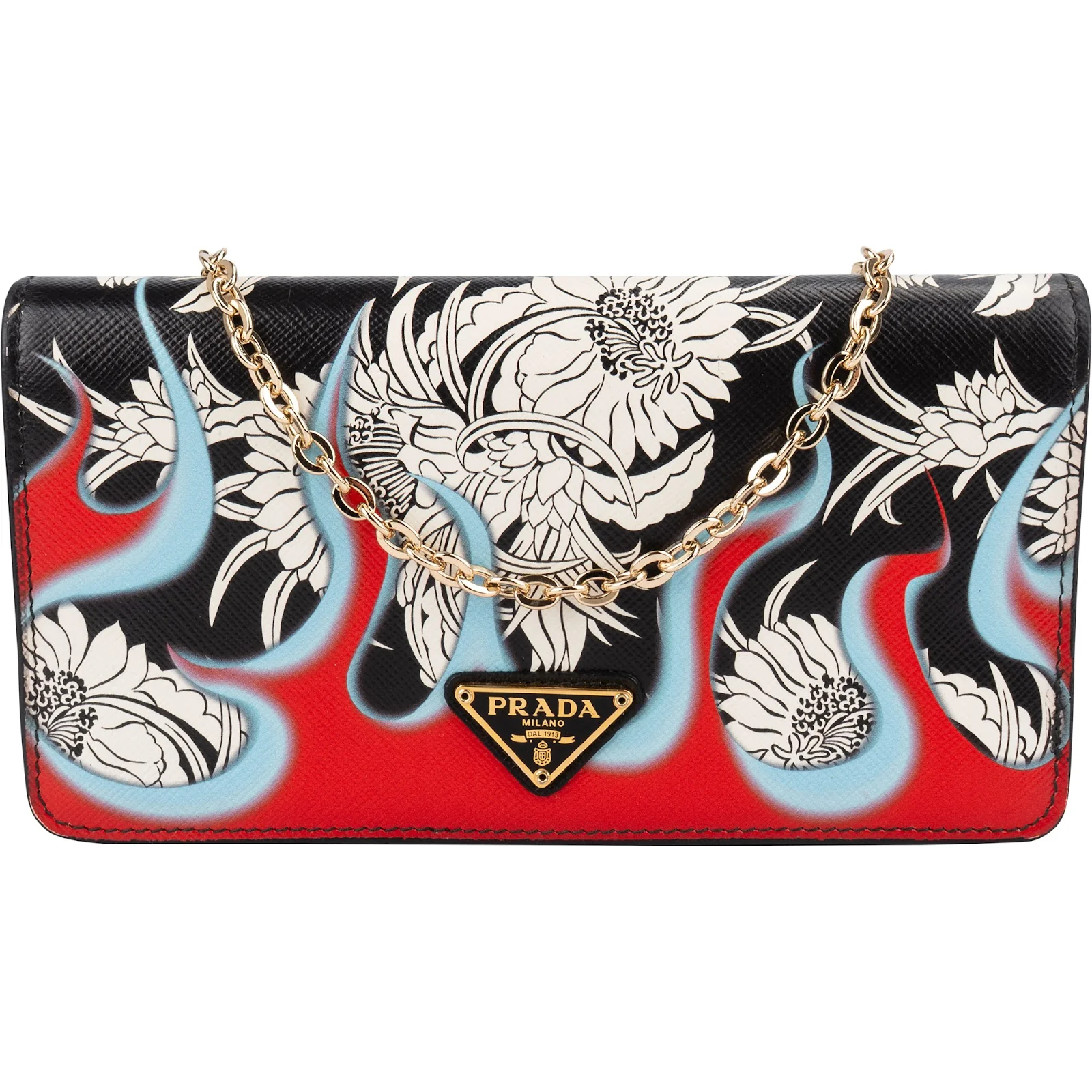 Prada Saffiano Leather Floral Flame Wallet on Chain Crossbody Bag