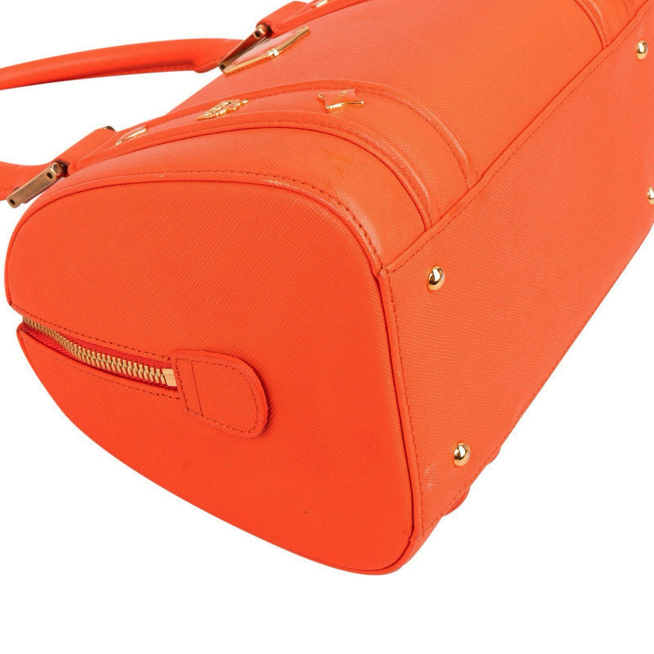 MCM Orange Grained Leather Essential Studded Small Boston Bag