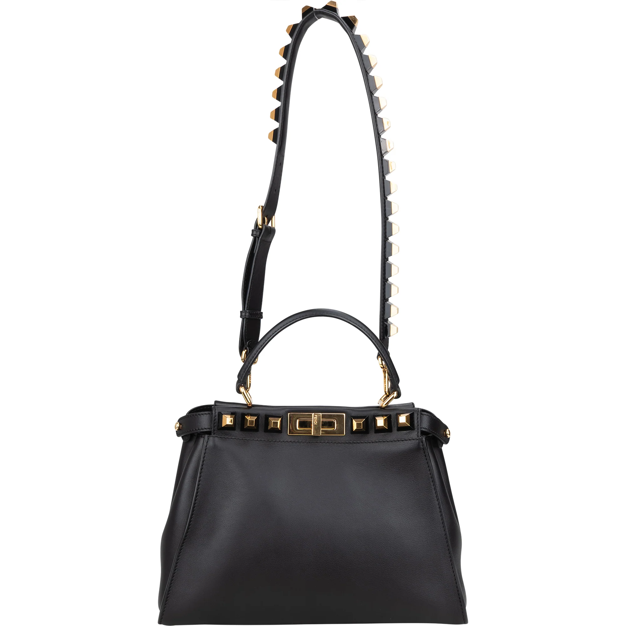 Fendi Noir Leather Gold Edition Spikes Peekaboo Handbag