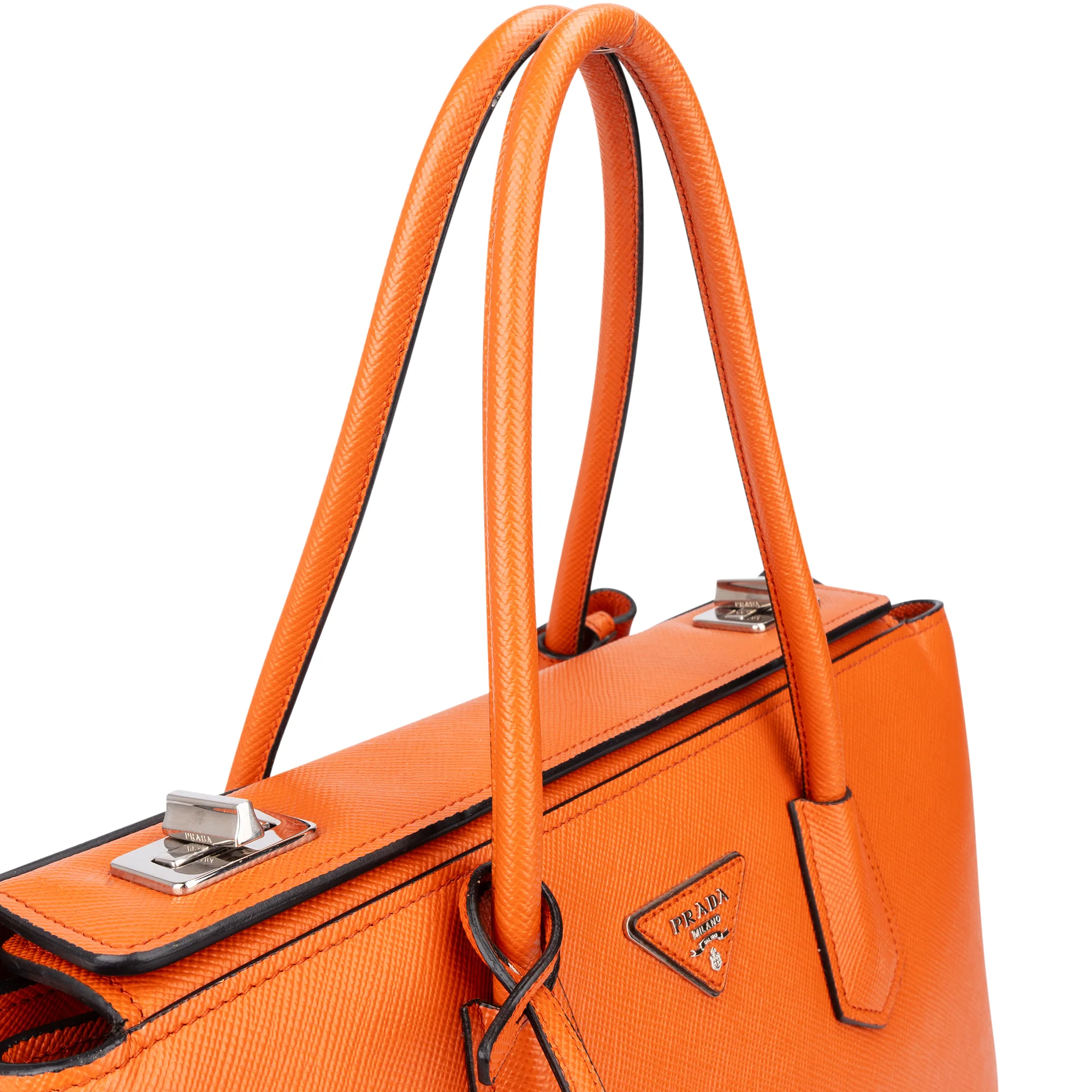 Prada Orange Saffiano Leather Turnlock Double Handbag